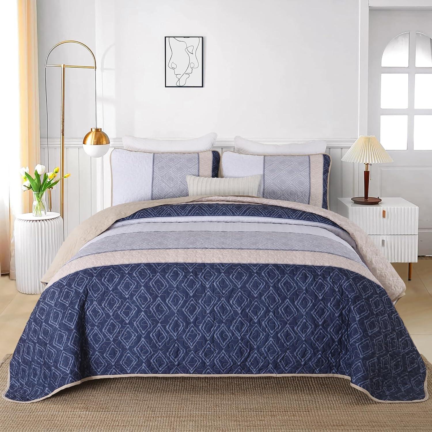 imageCottolester Queen Quilt Set 3 PiecesGray and Blue Striped Quilt SetBoho Farmhouse Bedspread Soft Microfiber Bedding Set for All Season 96quotx90quotGray and Yellow