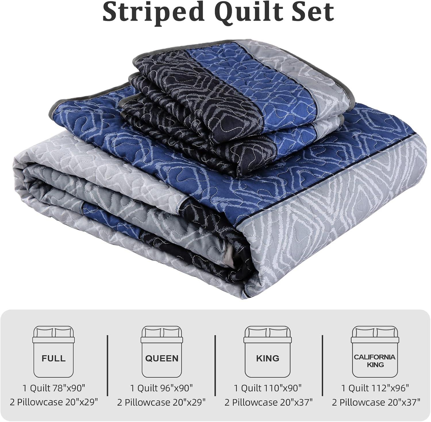 imageCottolester Queen Quilt Set 3 PiecesGray and Blue Striped Quilt SetBoho Farmhouse Bedspread Soft Microfiber Bedding Set for All Season 96quotx90quotGray and Blue