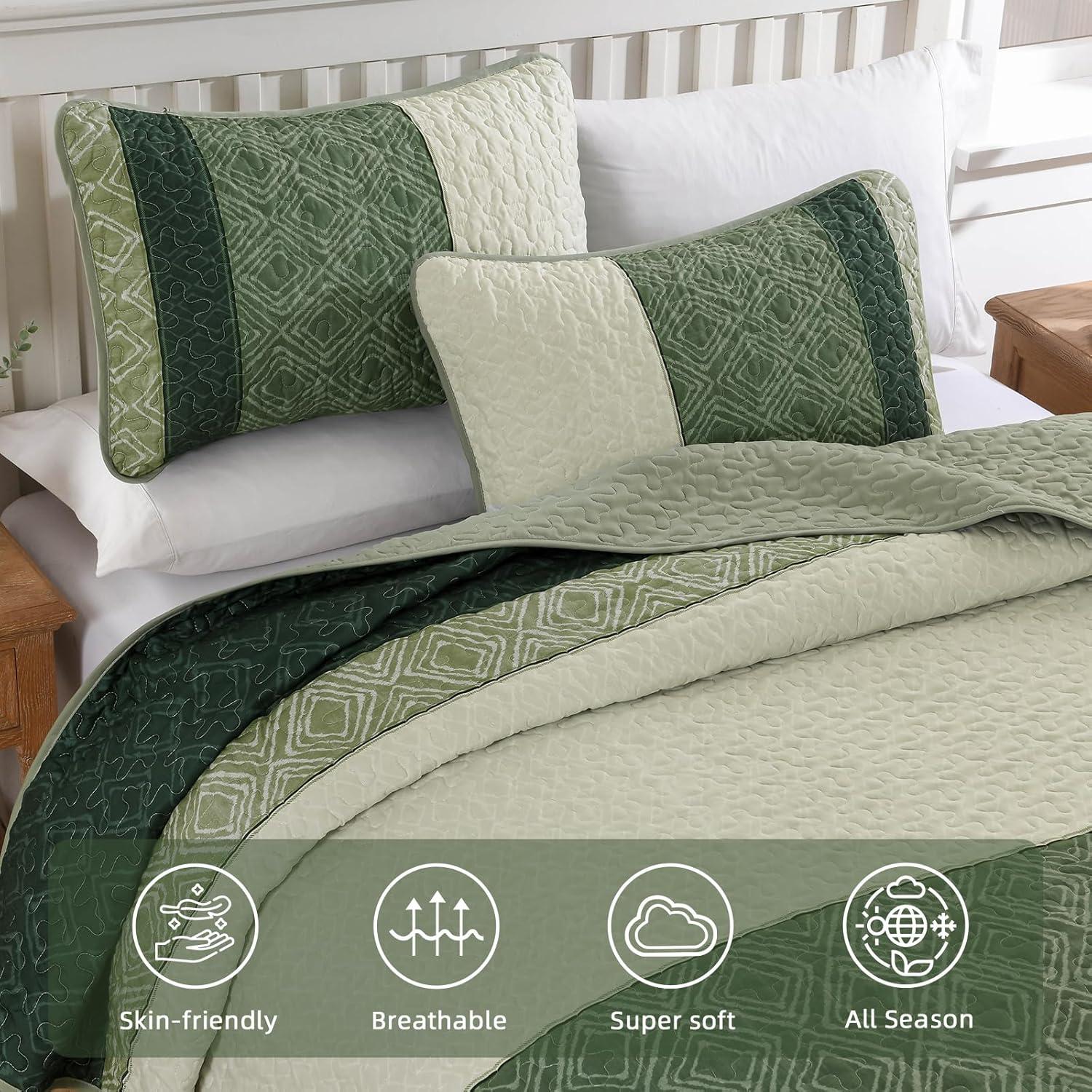 imageCottolester Queen Quilt Set 3 PiecesGray and Blue Striped Quilt SetBoho Farmhouse Bedspread Soft Microfiber Bedding Set for All Season 96quotx90quotGreen