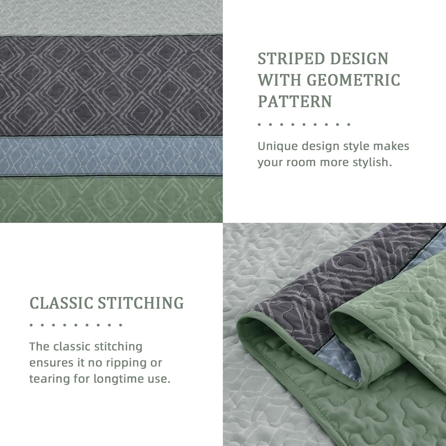 imageCottolester Queen Quilt Set 3 PiecesGray and Blue Striped Quilt SetBoho Farmhouse Bedspread Soft Microfiber Bedding Set for All Season 96quotx90quotGreen and Gray