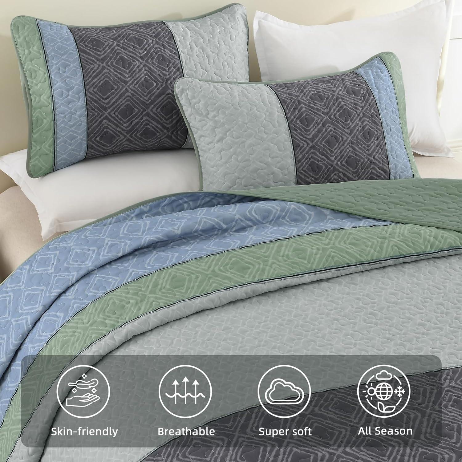 imageCottolester Queen Quilt Set 3 PiecesGray and Blue Striped Quilt SetBoho Farmhouse Bedspread Soft Microfiber Bedding Set for All Season 96quotx90quotGreen and Gray