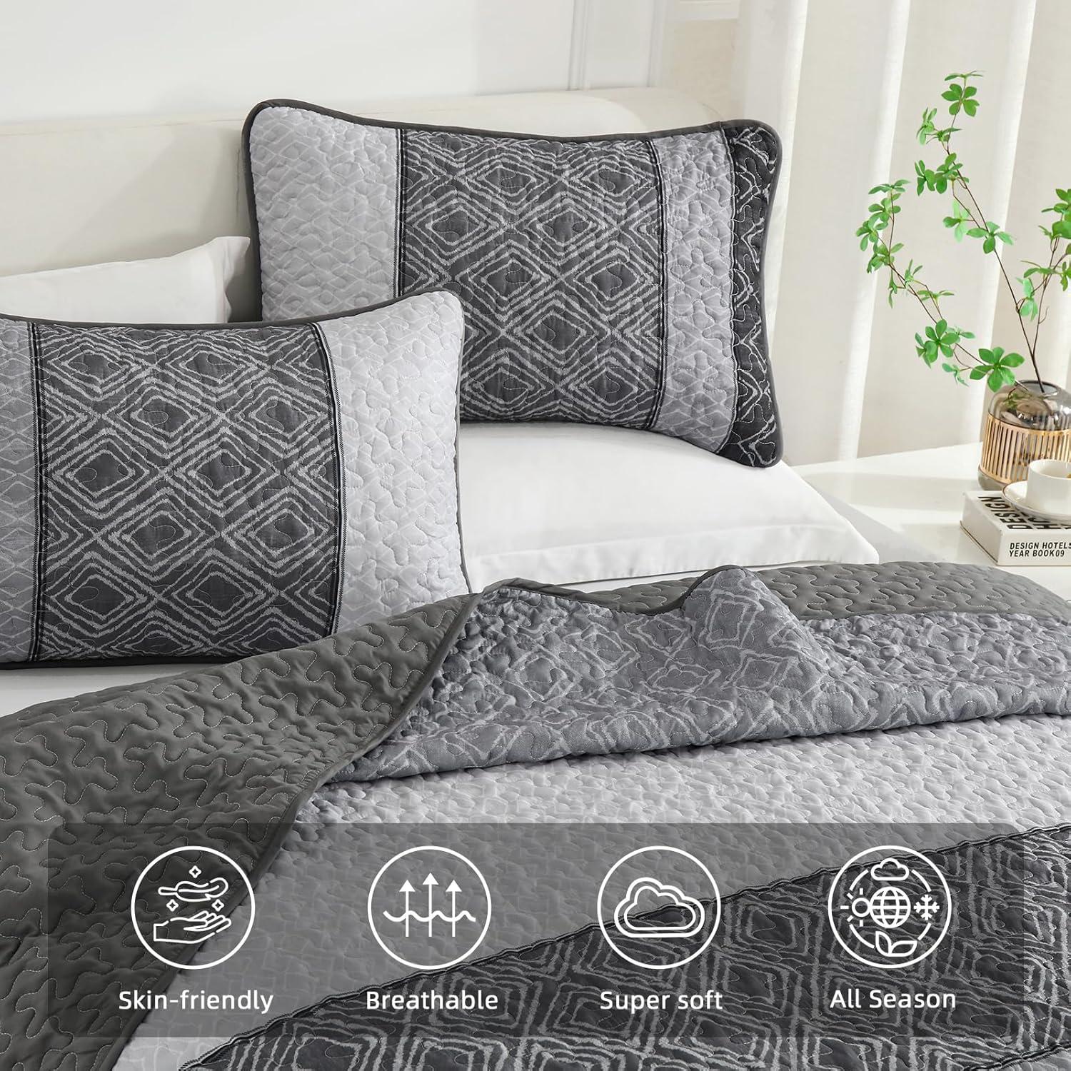 imageCottolester Queen Quilt Set 3 PiecesGray and Blue Striped Quilt SetBoho Farmhouse Bedspread Soft Microfiber Bedding Set for All Season 96quotx90quotGrey