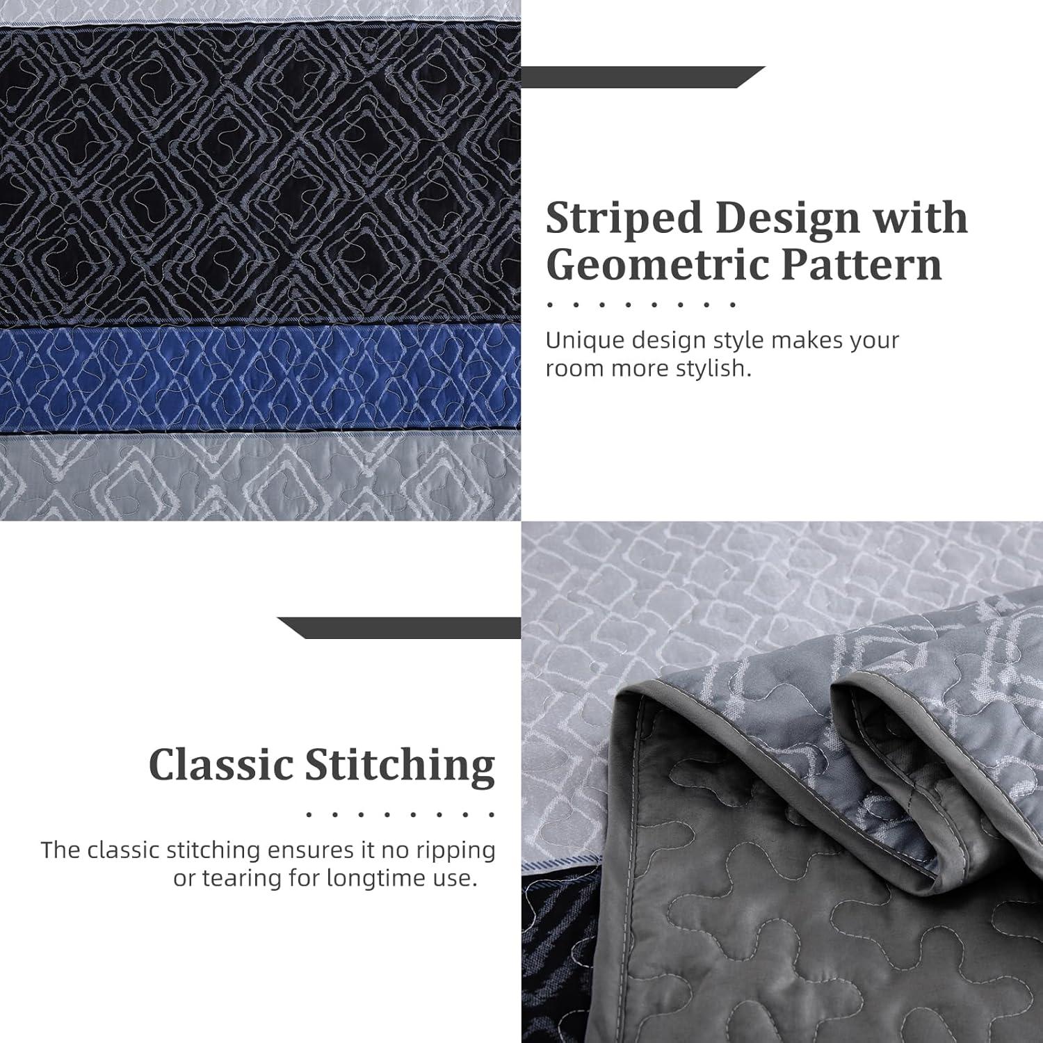 imageCottolester Queen Quilt Set 3 PiecesGray and Blue Striped Quilt SetBoho Farmhouse Bedspread Soft Microfiber Bedding Set for All Season 96quotx90quotGray and Blue