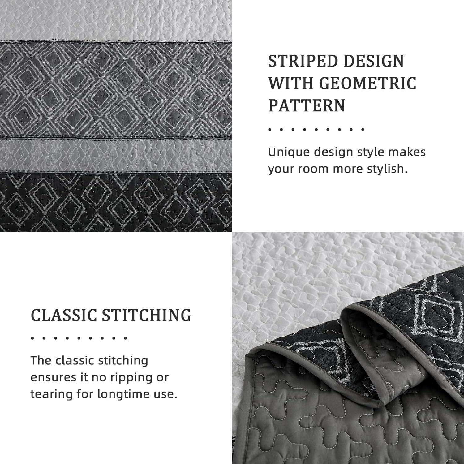 imageCottolester Queen Quilt Set 3 PiecesGray and Blue Striped Quilt SetBoho Farmhouse Bedspread Soft Microfiber Bedding Set for All Season 96quotx90quotGrey