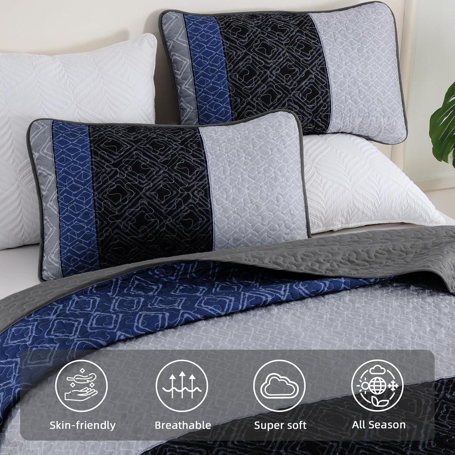 imageCottolester Queen Quilt Set 3 PiecesGray and Blue Striped Quilt SetBoho Farmhouse Bedspread Soft Microfiber Bedding Set for All Season 96quotx90quotGray and Blue