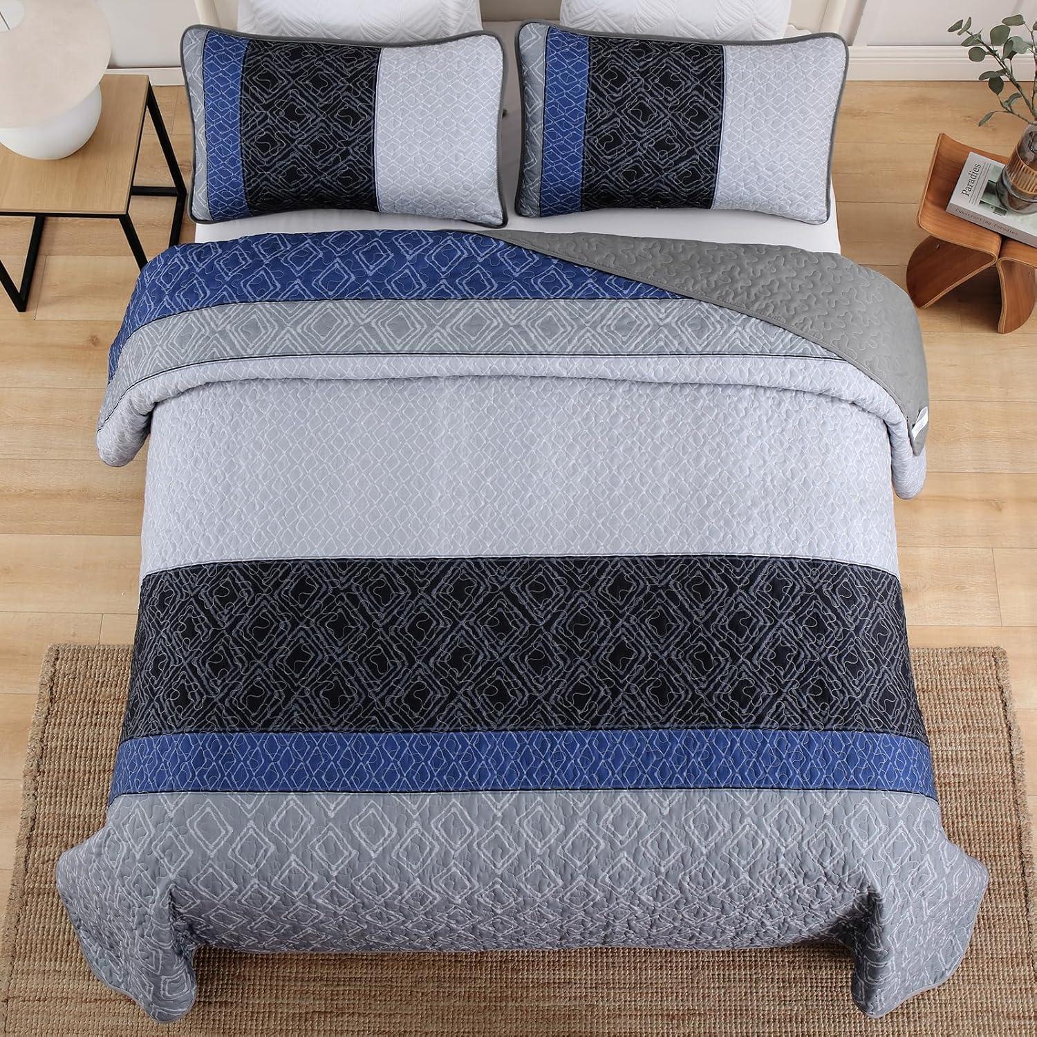 imageCottolester Queen Quilt Set 3 PiecesGray and Blue Striped Quilt SetBoho Farmhouse Bedspread Soft Microfiber Bedding Set for All Season 96quotx90quotGray and Blue
