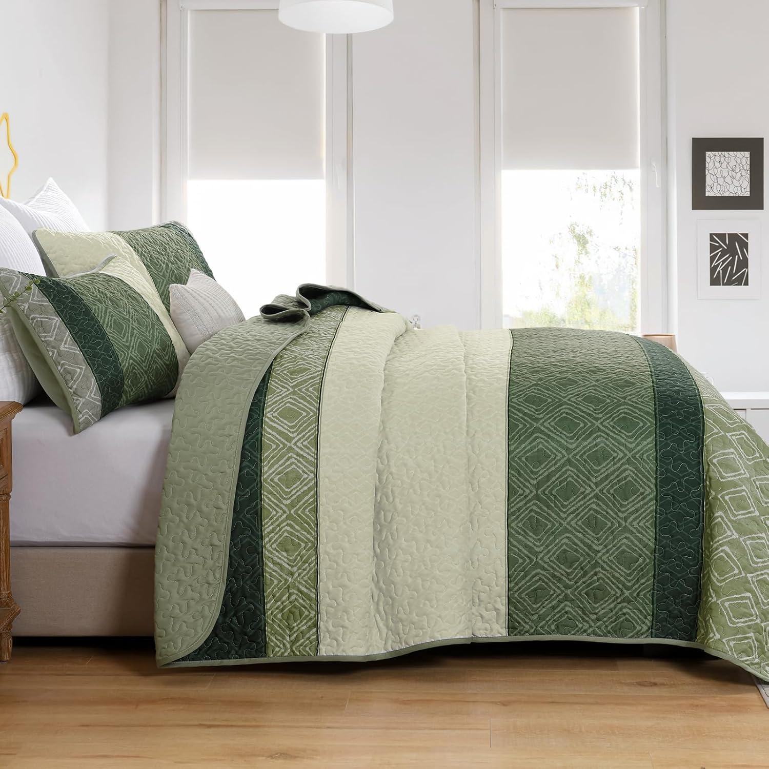 imageCottolester Queen Quilt Set 3 PiecesGray and Blue Striped Quilt SetBoho Farmhouse Bedspread Soft Microfiber Bedding Set for All Season 96quotx90quotGreen