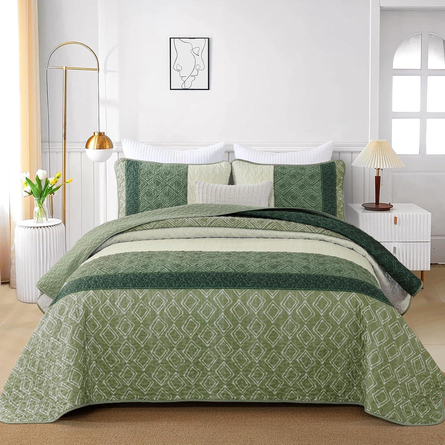 imageCottolester Queen Quilt Set 3 PiecesGray and Blue Striped Quilt SetBoho Farmhouse Bedspread Soft Microfiber Bedding Set for All Season 96quotx90quotGreen