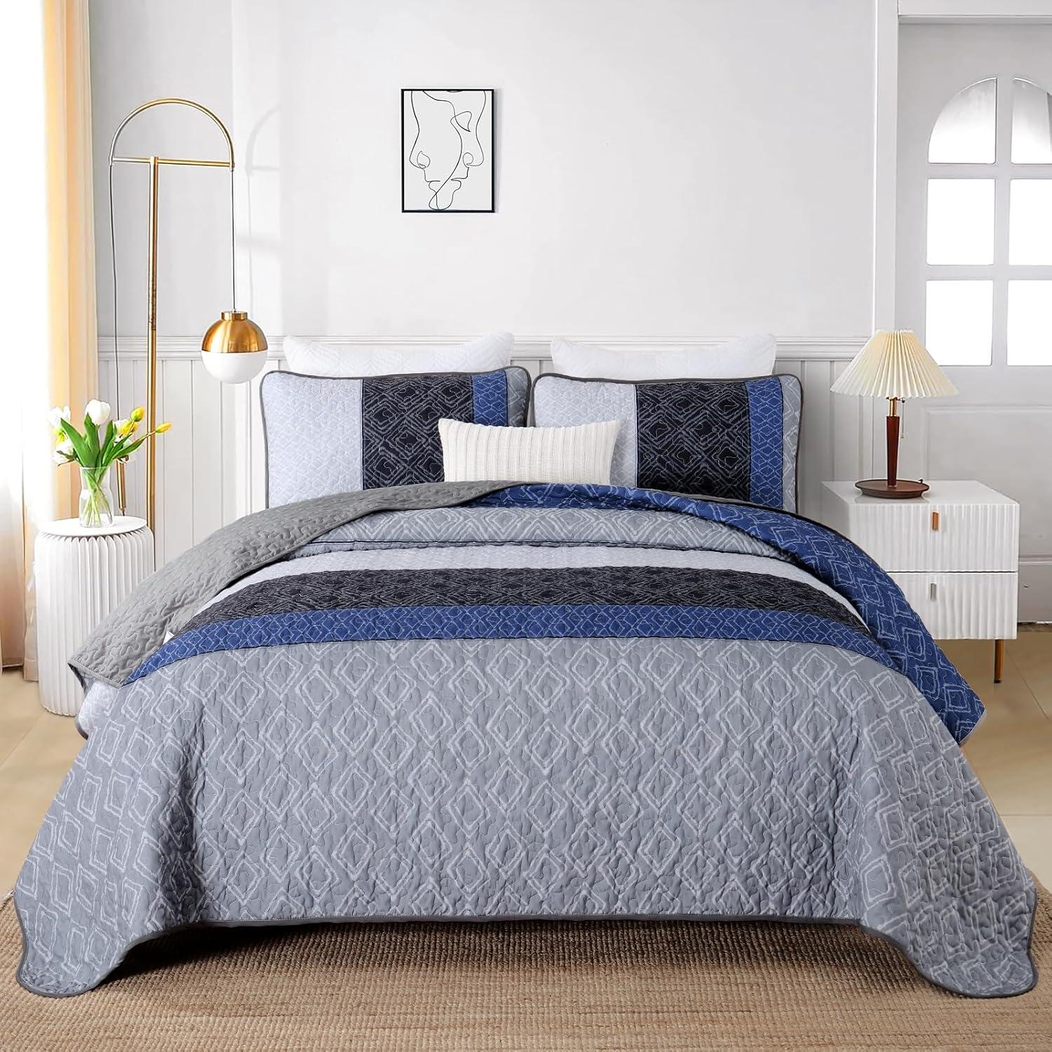 imageCottolester Queen Quilt Set 3 PiecesGray and Blue Striped Quilt SetBoho Farmhouse Bedspread Soft Microfiber Bedding Set for All Season 96quotx90quotGray and Blue