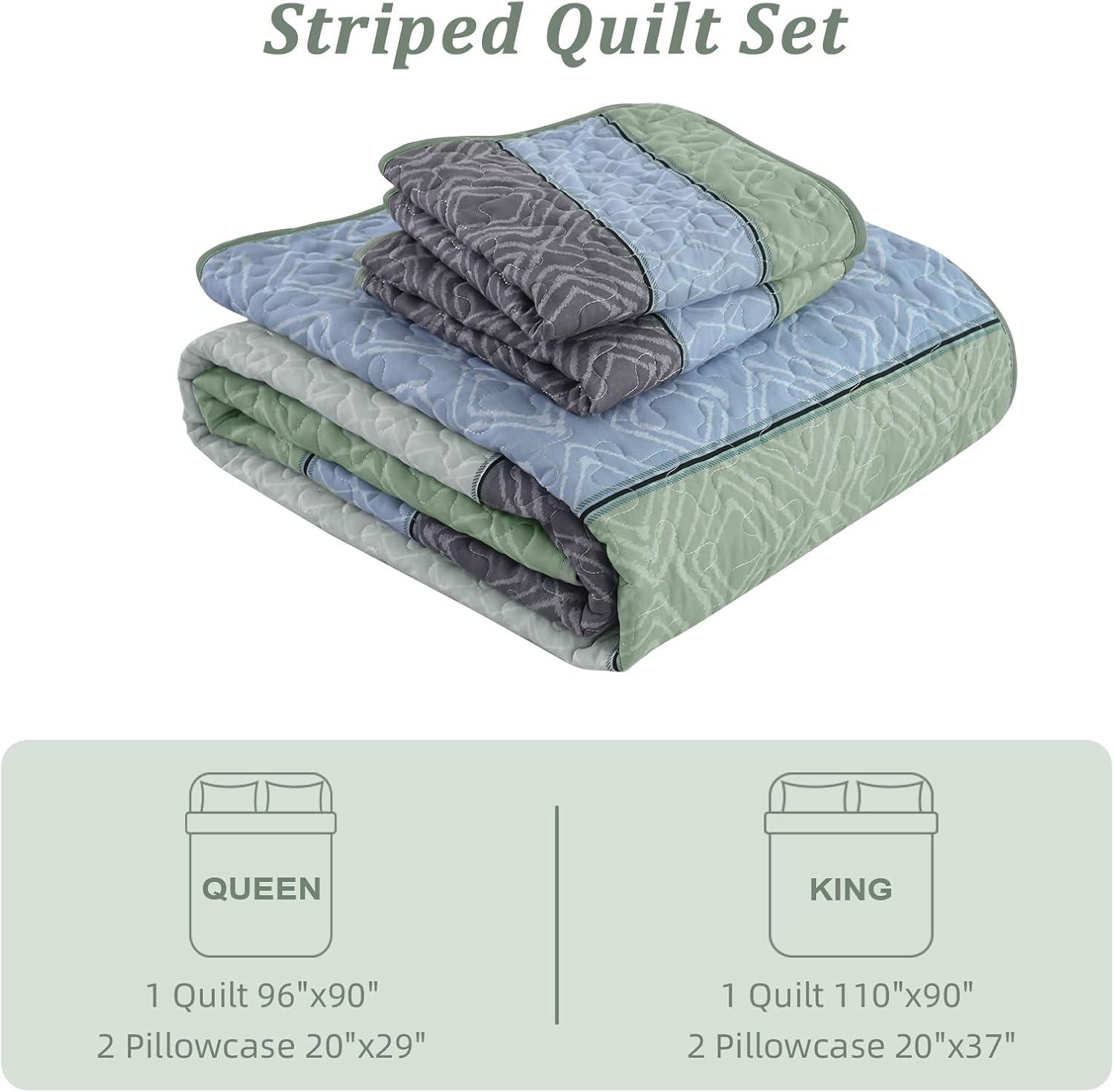 imageCottolester Queen Quilt Set 3 PiecesGray and Blue Striped Quilt SetBoho Farmhouse Bedspread Soft Microfiber Bedding Set for All Season 96quotx90quotGreen and Gray