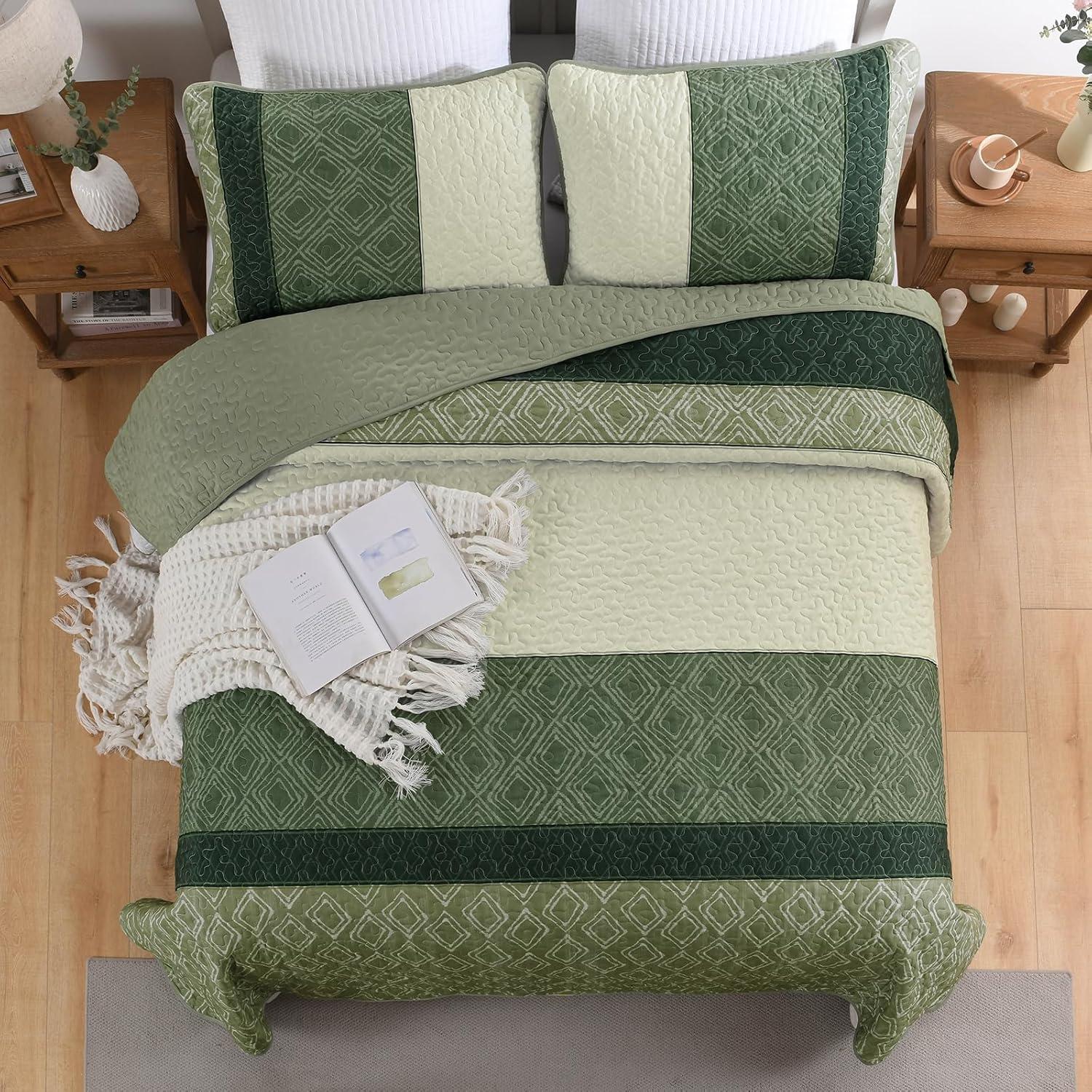 imageCottolester Queen Quilt Set 3 PiecesGray and Blue Striped Quilt SetBoho Farmhouse Bedspread Soft Microfiber Bedding Set for All Season 96quotx90quotGreen