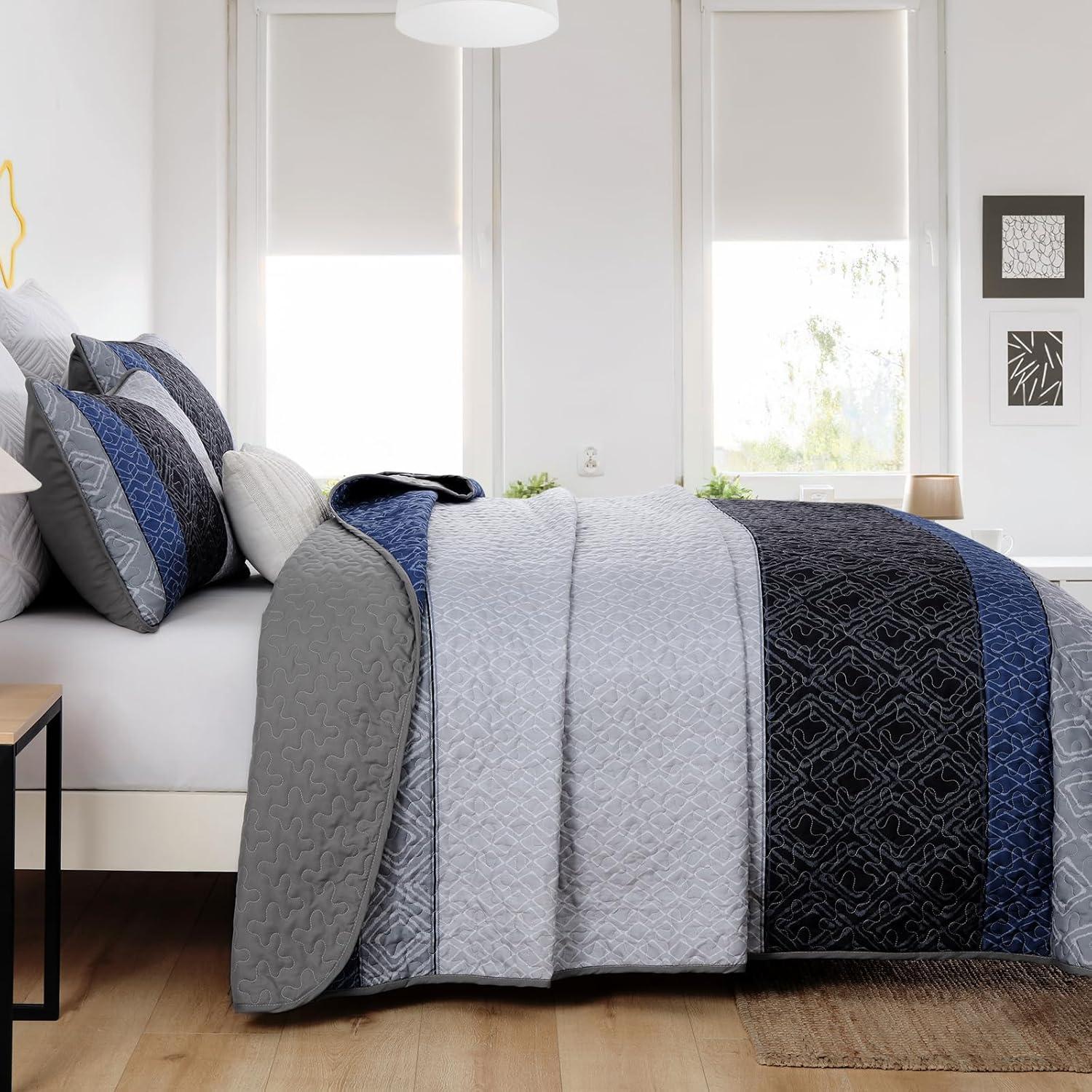 imageCottolester Queen Quilt Set 3 PiecesGray and Blue Striped Quilt SetBoho Farmhouse Bedspread Soft Microfiber Bedding Set for All Season 96quotx90quotGray and Blue