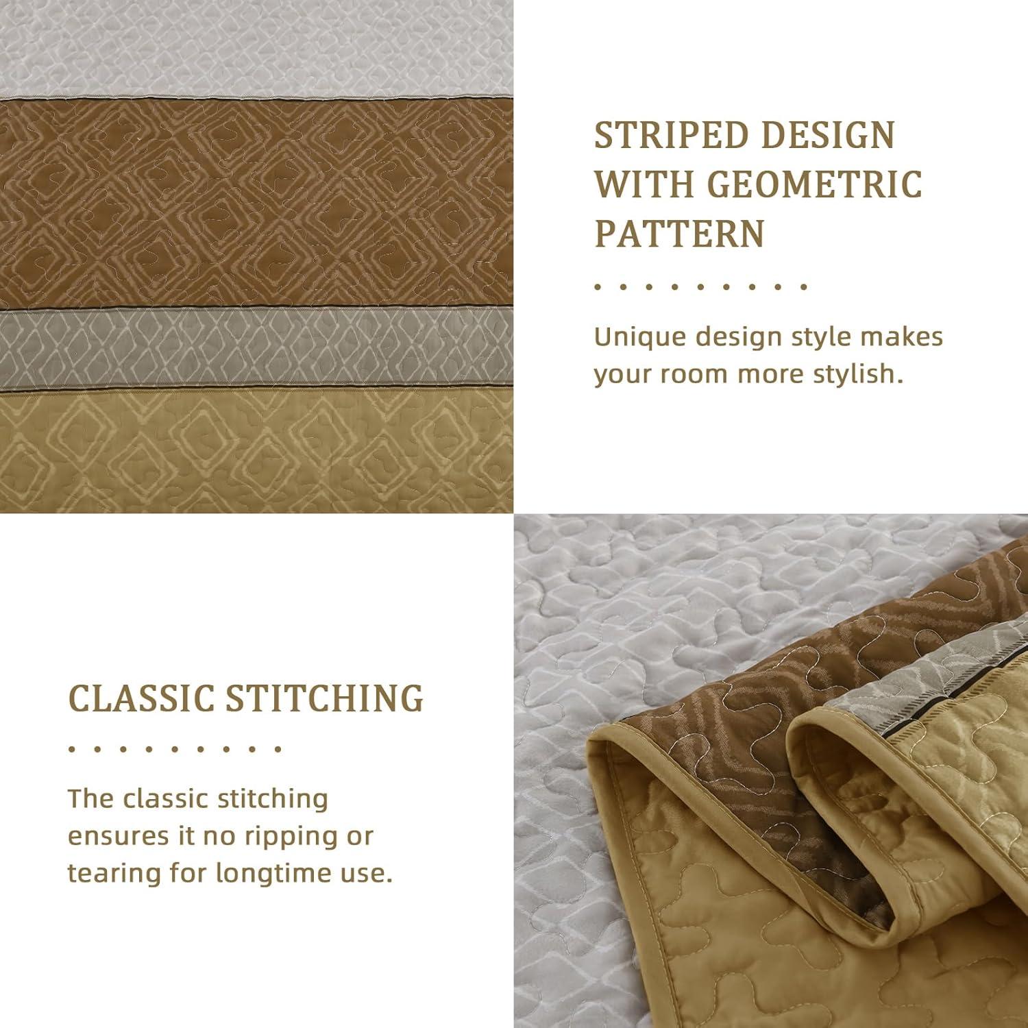 imageCottolester Queen Quilt Set 3 PiecesGray and Blue Striped Quilt SetBoho Farmhouse Bedspread Soft Microfiber Bedding Set for All Season 96quotx90quotKhaki and Brown