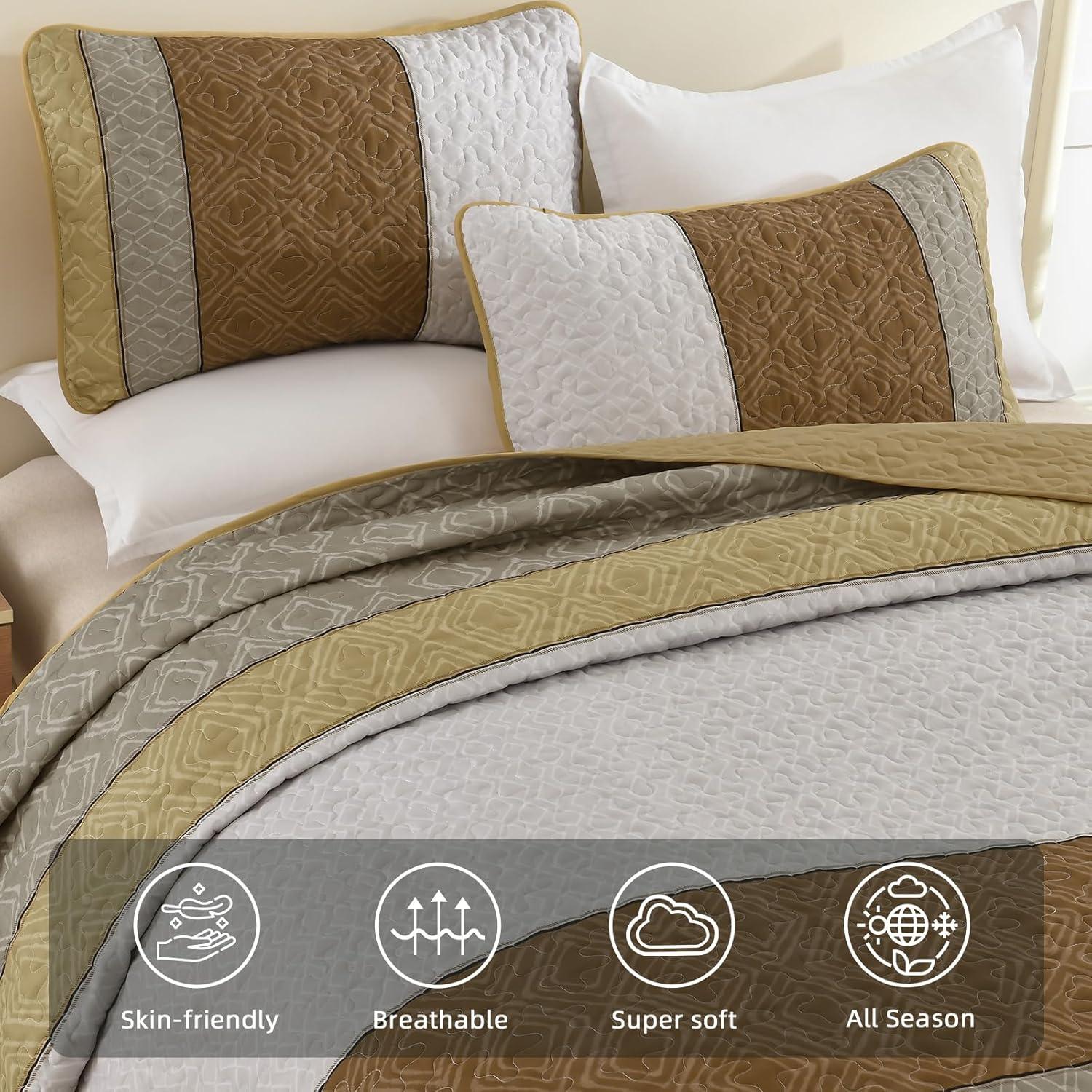 imageCottolester Queen Quilt Set 3 PiecesGray and Blue Striped Quilt SetBoho Farmhouse Bedspread Soft Microfiber Bedding Set for All Season 96quotx90quotKhaki and Brown