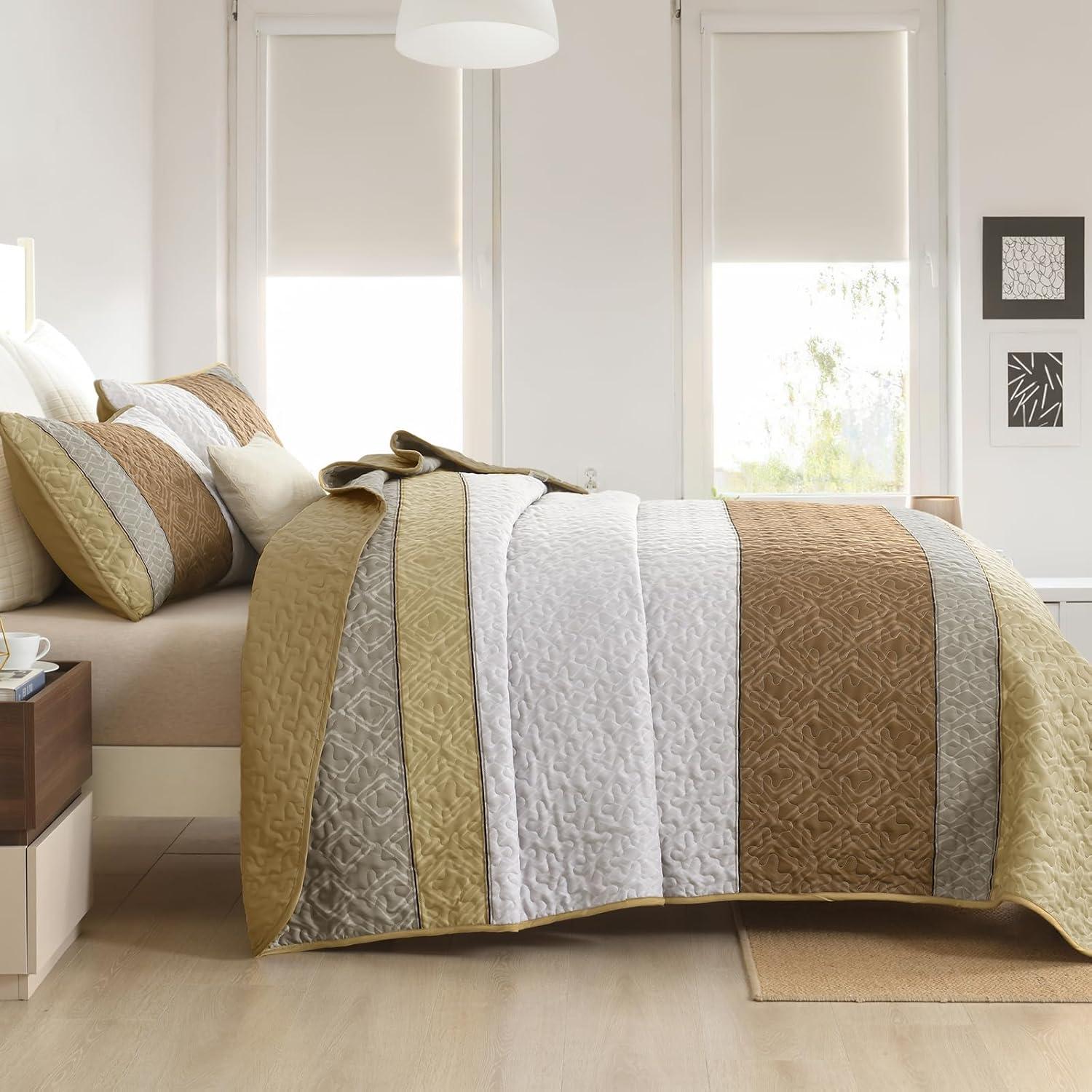 imageCottolester Queen Quilt Set 3 PiecesGray and Blue Striped Quilt SetBoho Farmhouse Bedspread Soft Microfiber Bedding Set for All Season 96quotx90quotKhaki and Brown