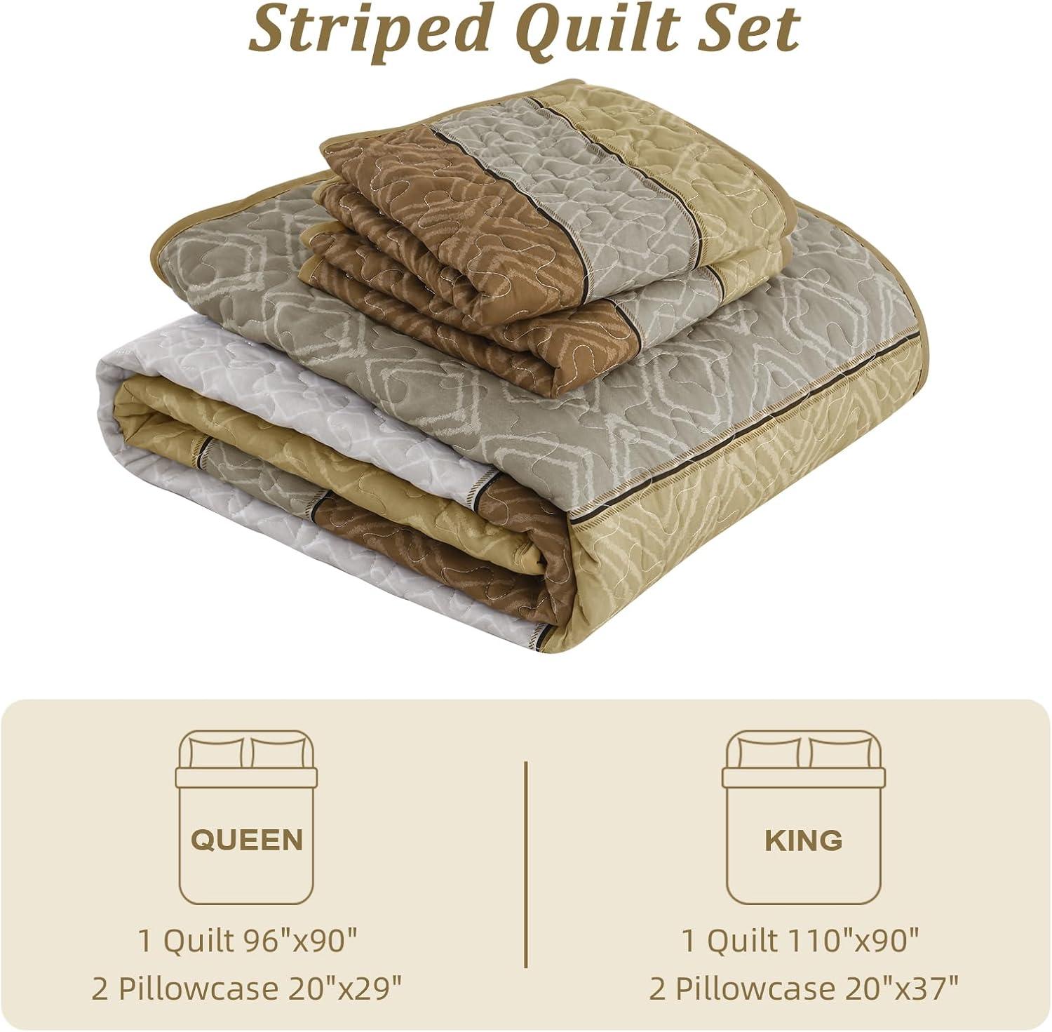 imageCottolester Queen Quilt Set 3 PiecesGray and Blue Striped Quilt SetBoho Farmhouse Bedspread Soft Microfiber Bedding Set for All Season 96quotx90quotKhaki and Brown