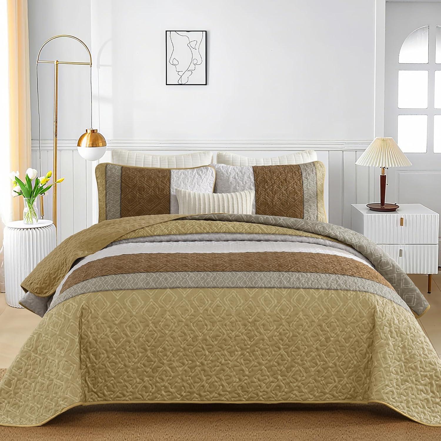 imageCottolester Queen Quilt Set 3 PiecesGray and Blue Striped Quilt SetBoho Farmhouse Bedspread Soft Microfiber Bedding Set for All Season 96quotx90quotKhaki and Brown