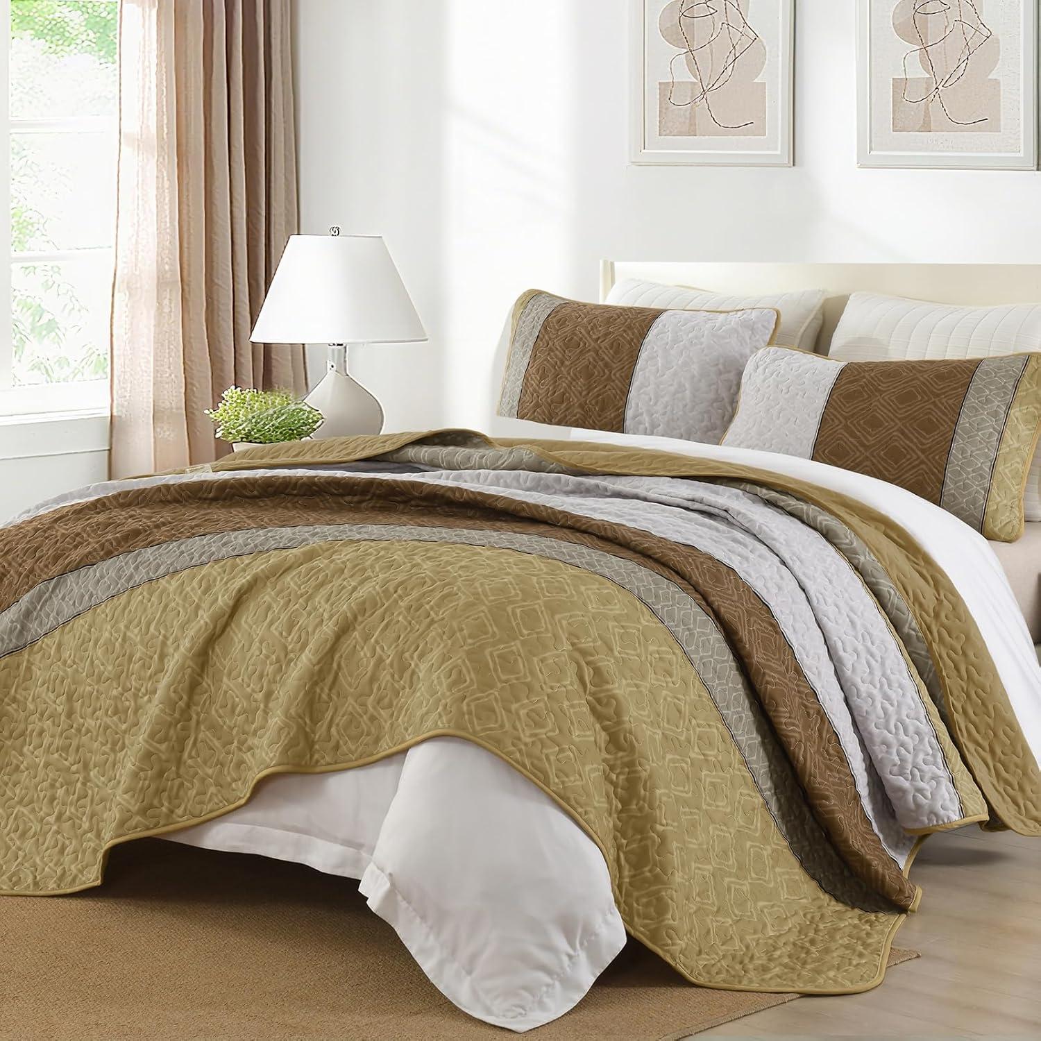 imageCottolester Queen Quilt Set 3 PiecesGray and Blue Striped Quilt SetBoho Farmhouse Bedspread Soft Microfiber Bedding Set for All Season 96quotx90quotKhaki and Brown