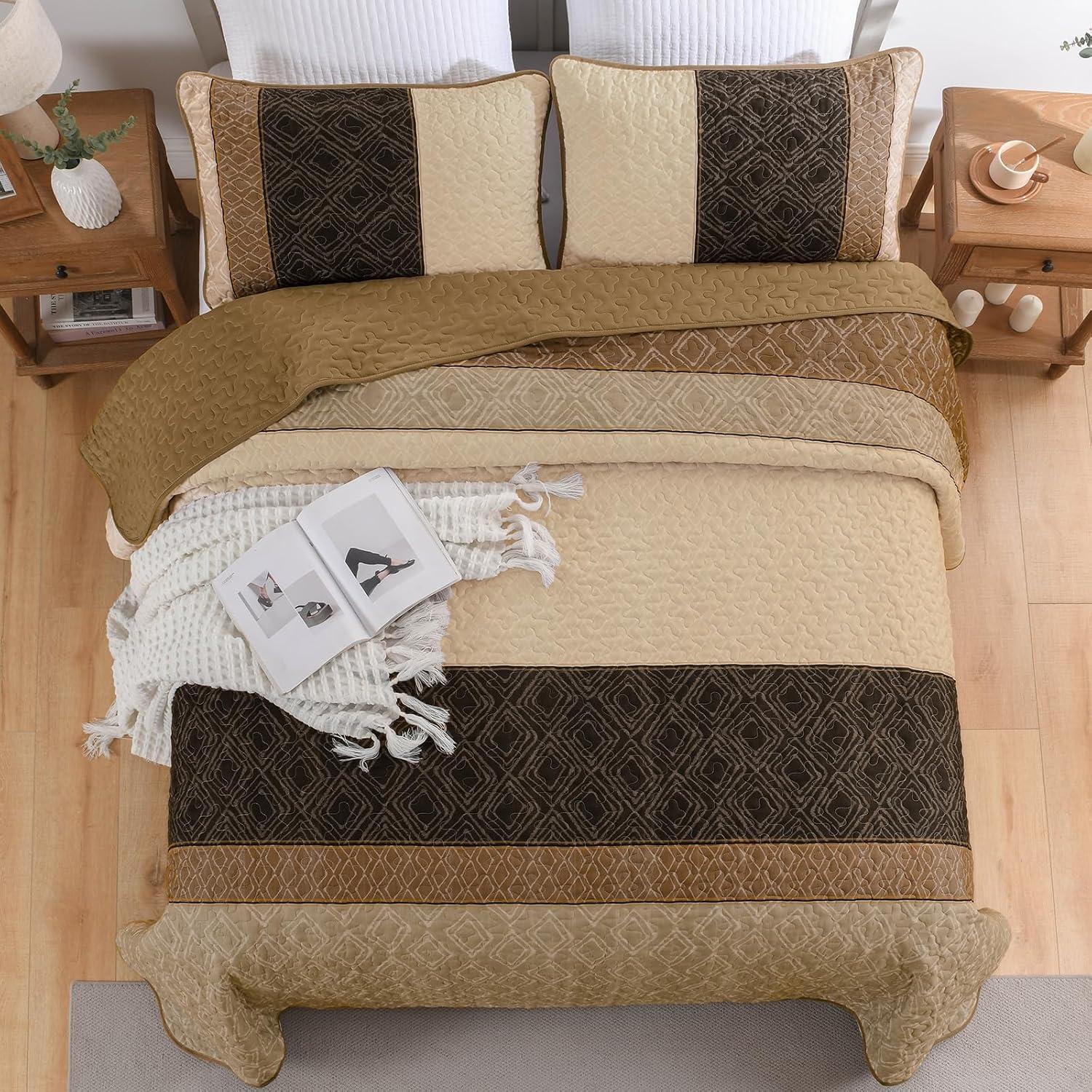 imageCottolester Queen Quilt Set 3 PiecesGray and Blue Striped Quilt SetBoho Farmhouse Bedspread Soft Microfiber Bedding Set for All Season 96quotx90quotLight Brown
