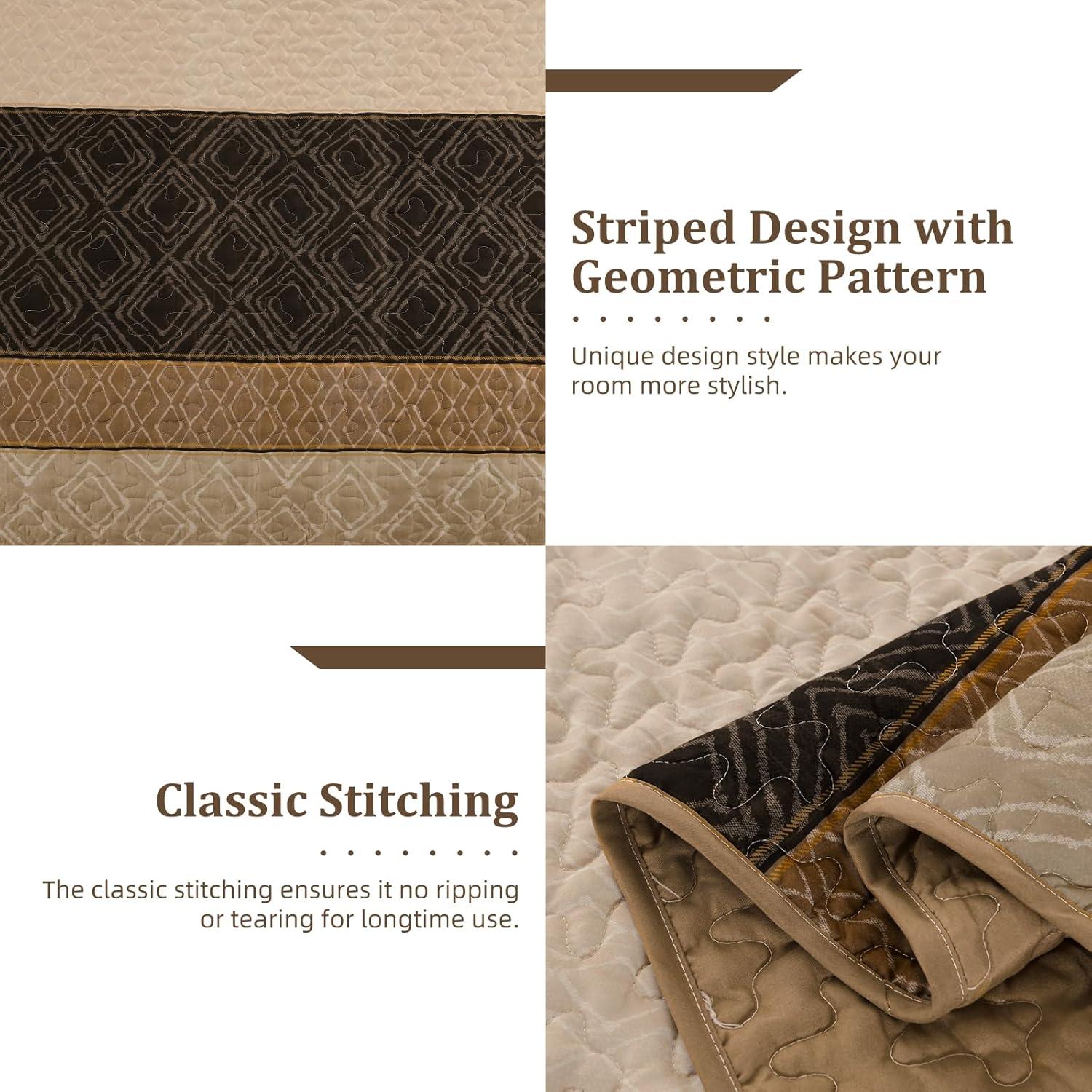 imageCottolester Queen Quilt Set 3 PiecesGray and Blue Striped Quilt SetBoho Farmhouse Bedspread Soft Microfiber Bedding Set for All Season 96quotx90quotLight Brown