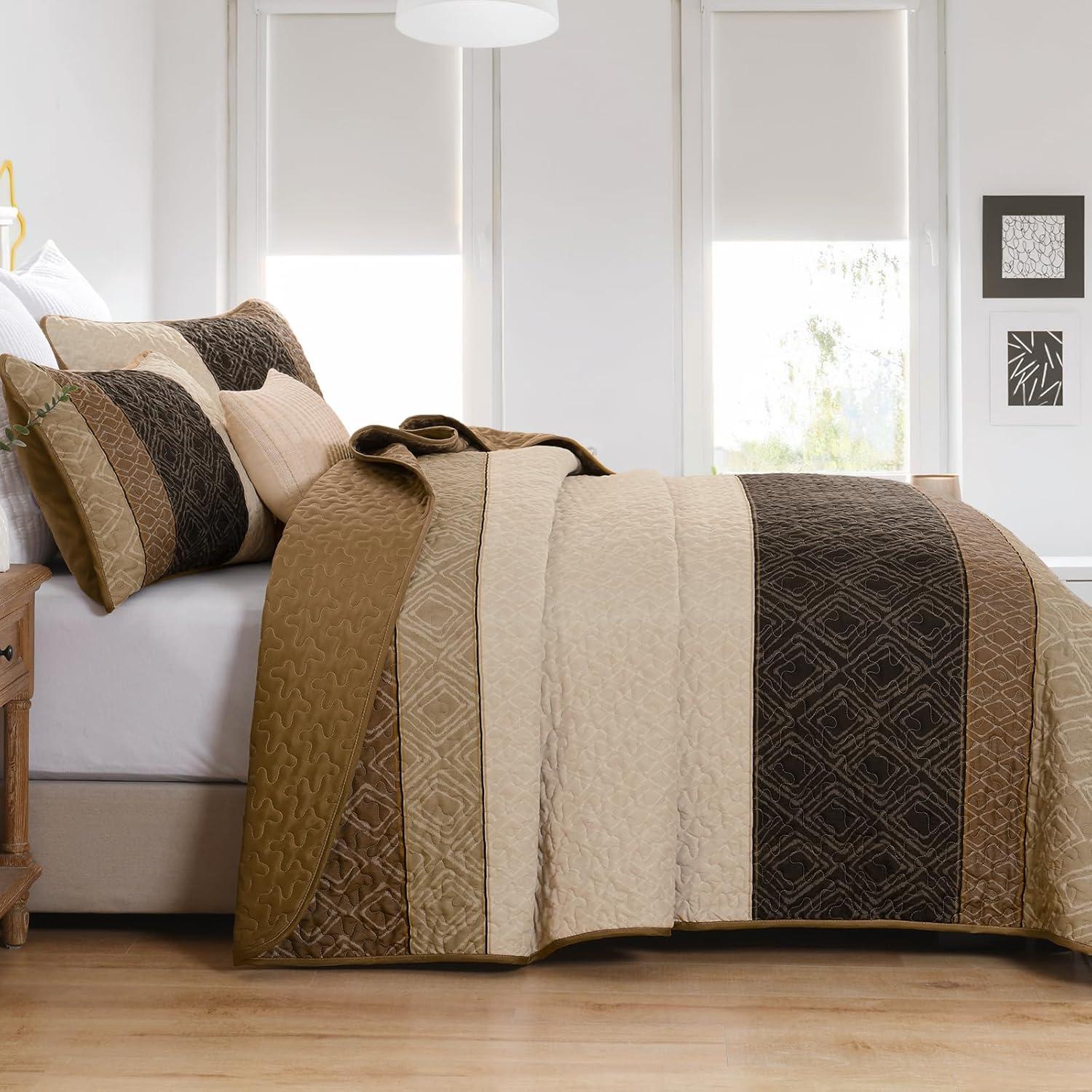 imageCottolester Queen Quilt Set 3 PiecesGray and Blue Striped Quilt SetBoho Farmhouse Bedspread Soft Microfiber Bedding Set for All Season 96quotx90quotLight Brown
