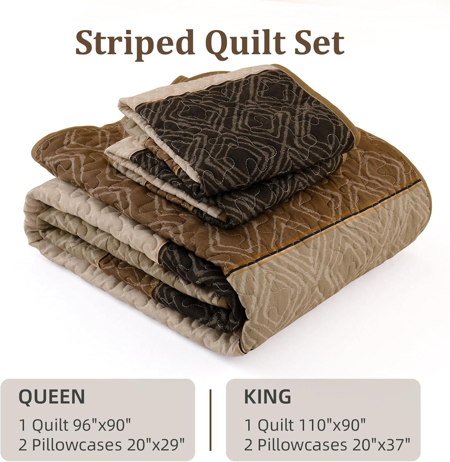 imageCottolester Queen Quilt Set 3 PiecesGray and Blue Striped Quilt SetBoho Farmhouse Bedspread Soft Microfiber Bedding Set for All Season 96quotx90quotLight Brown