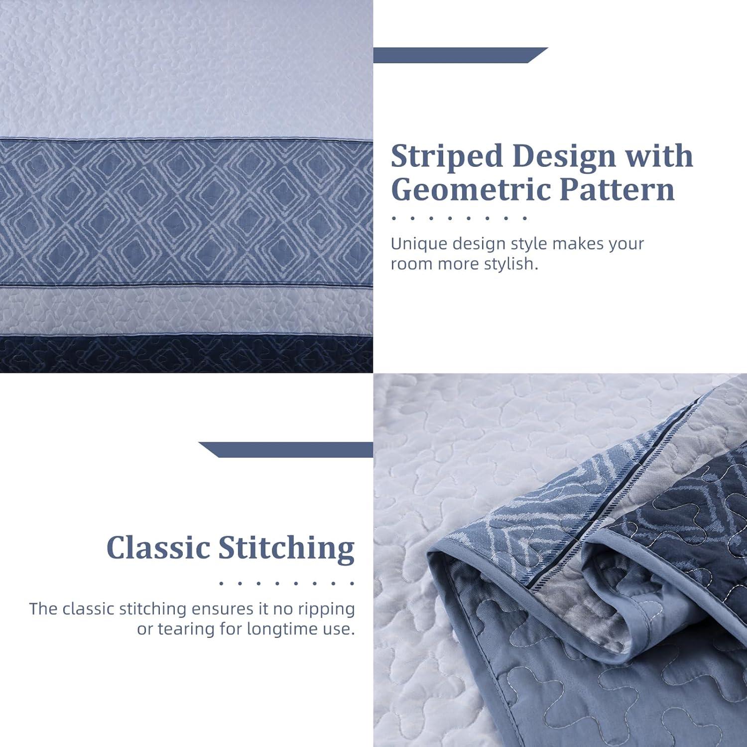 imageCottolester Queen Quilt Set 3 PiecesGray and Blue Striped Quilt SetBoho Farmhouse Bedspread Soft Microfiber Bedding Set for All Season 96quotx90quotMineral Blue