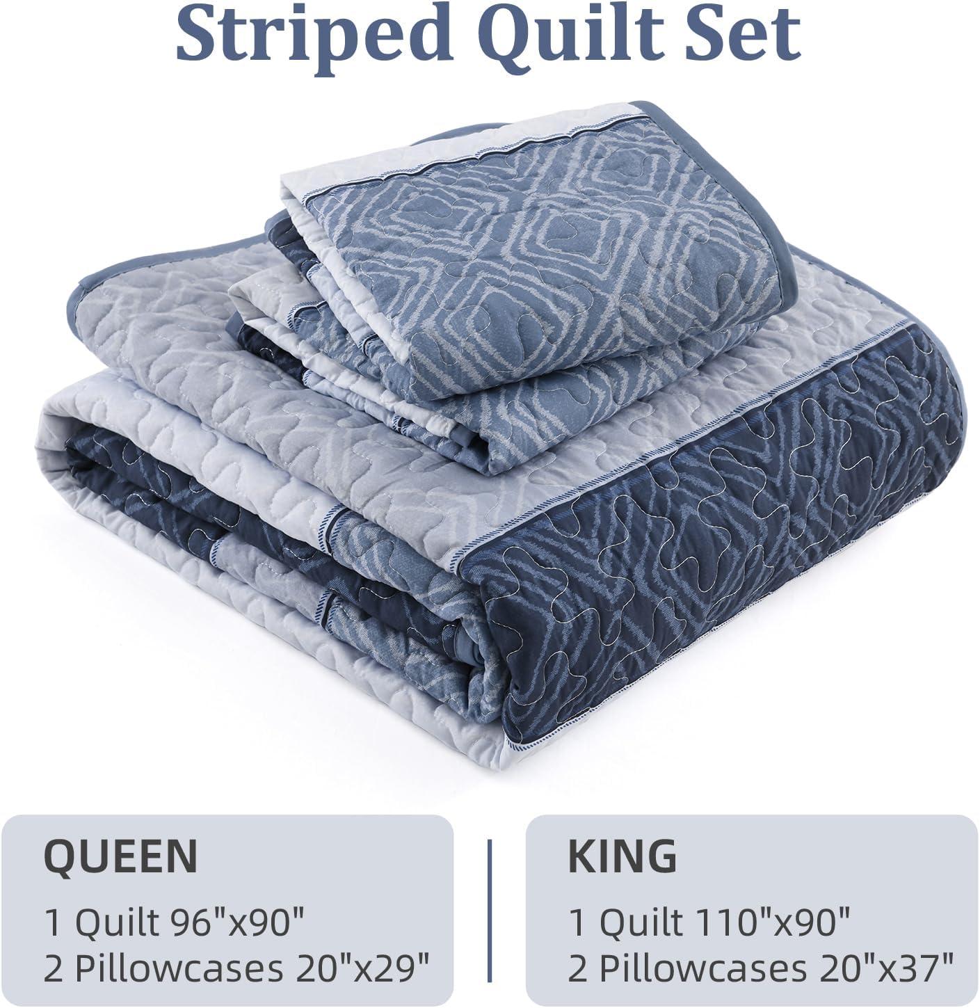 imageCottolester Queen Quilt Set 3 PiecesGray and Blue Striped Quilt SetBoho Farmhouse Bedspread Soft Microfiber Bedding Set for All Season 96quotx90quotMineral Blue
