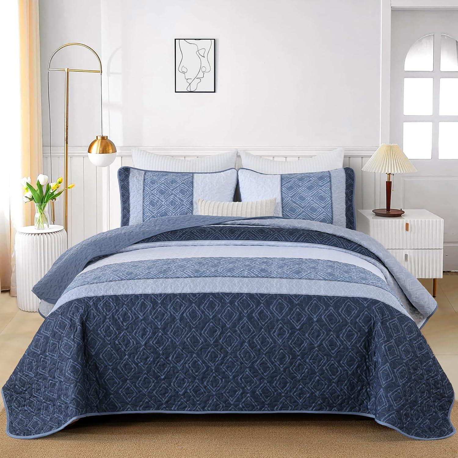 imageCottolester Queen Quilt Set 3 PiecesGray and Blue Striped Quilt SetBoho Farmhouse Bedspread Soft Microfiber Bedding Set for All Season 96quotx90quotMineral Blue