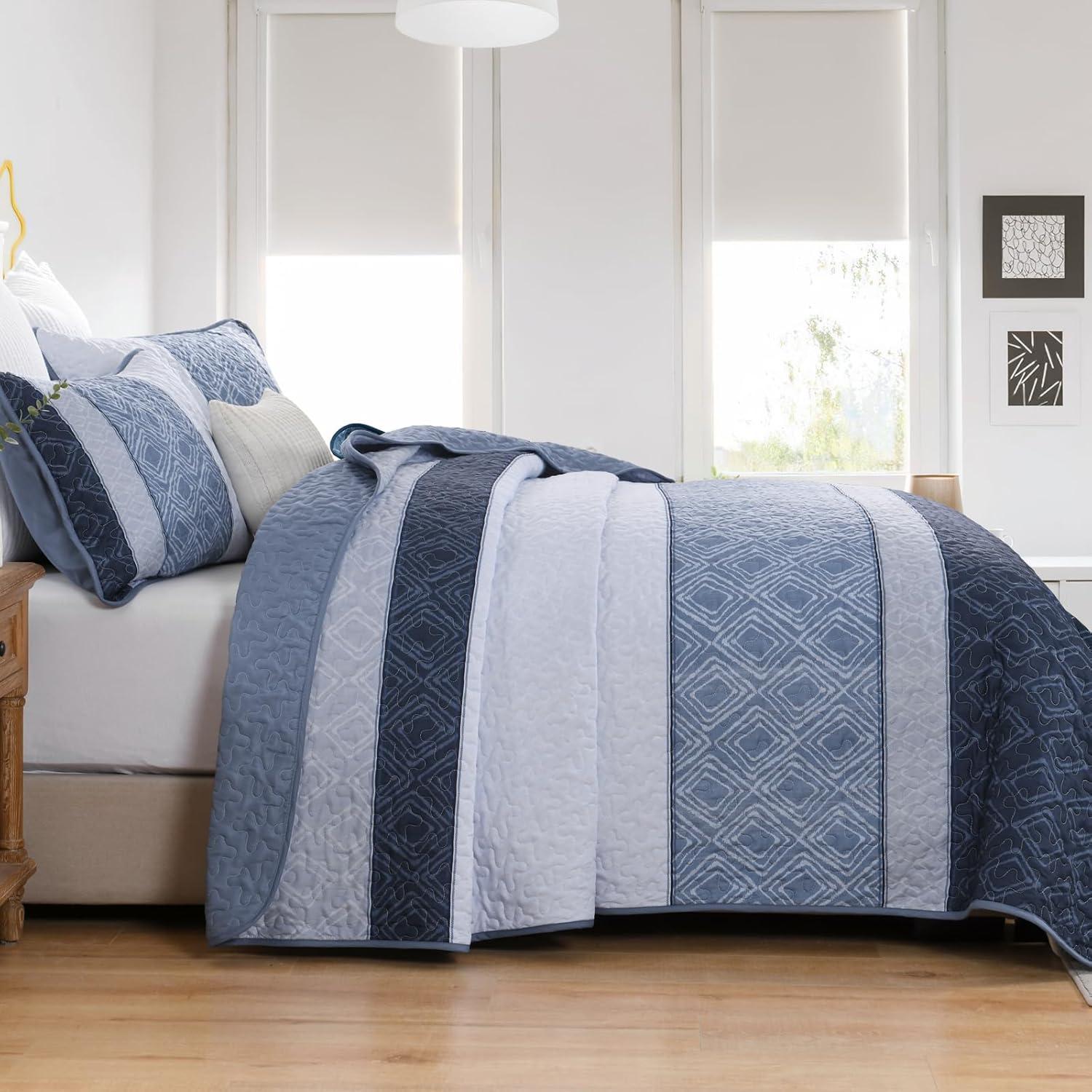imageCottolester Queen Quilt Set 3 PiecesGray and Blue Striped Quilt SetBoho Farmhouse Bedspread Soft Microfiber Bedding Set for All Season 96quotx90quotMineral Blue