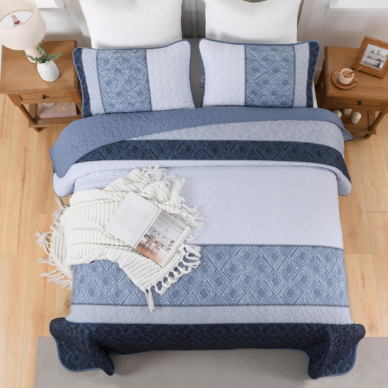 imageCottolester Queen Quilt Set 3 PiecesGray and Blue Striped Quilt SetBoho Farmhouse Bedspread Soft Microfiber Bedding Set for All Season 96quotx90quotMineral Blue