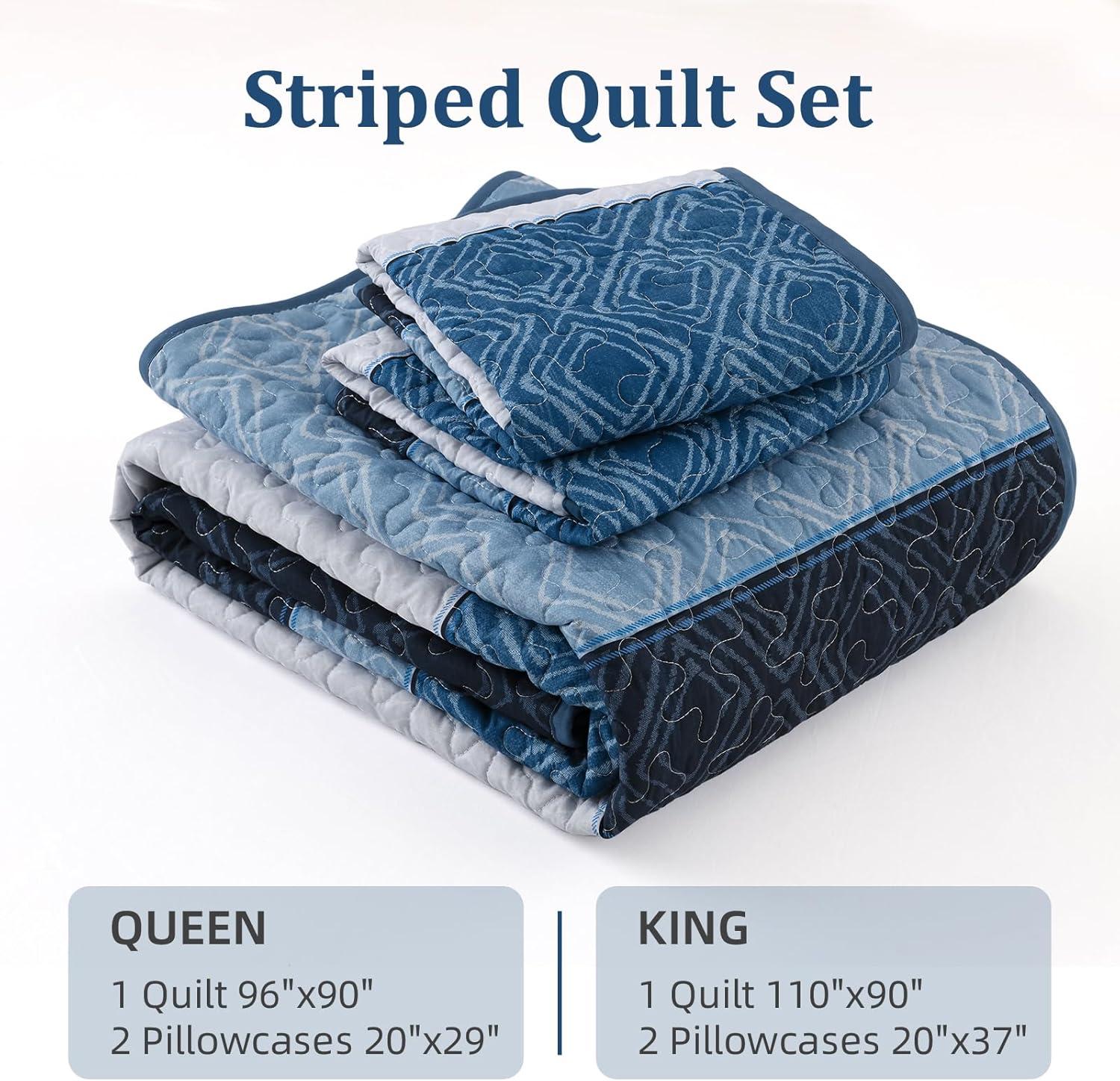 imageCottolester Queen Quilt Set 3 PiecesGray and Blue Striped Quilt SetBoho Farmhouse Bedspread Soft Microfiber Bedding Set for All Season 96quotx90quotNavy Blue