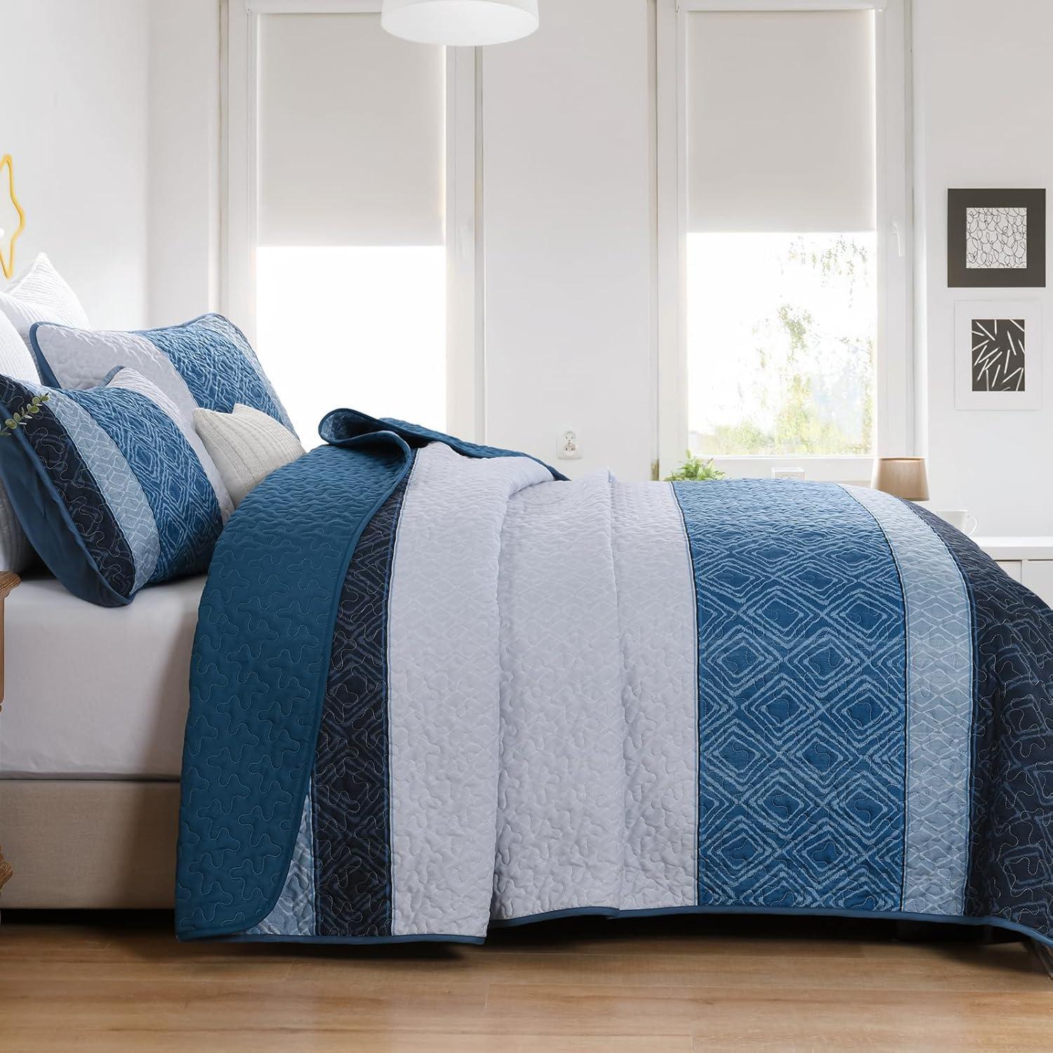 imageCottolester Queen Quilt Set 3 PiecesGray and Blue Striped Quilt SetBoho Farmhouse Bedspread Soft Microfiber Bedding Set for All Season 96quotx90quotNavy Blue