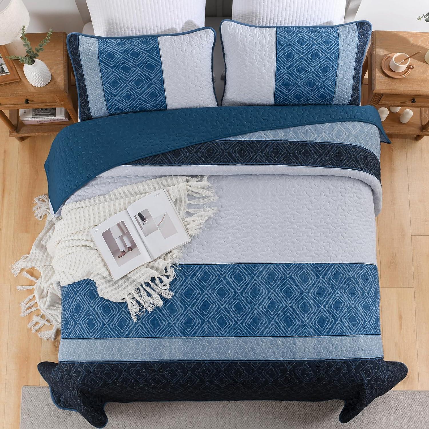 imageCottolester Queen Quilt Set 3 PiecesGray and Blue Striped Quilt SetBoho Farmhouse Bedspread Soft Microfiber Bedding Set for All Season 96quotx90quotNavy Blue