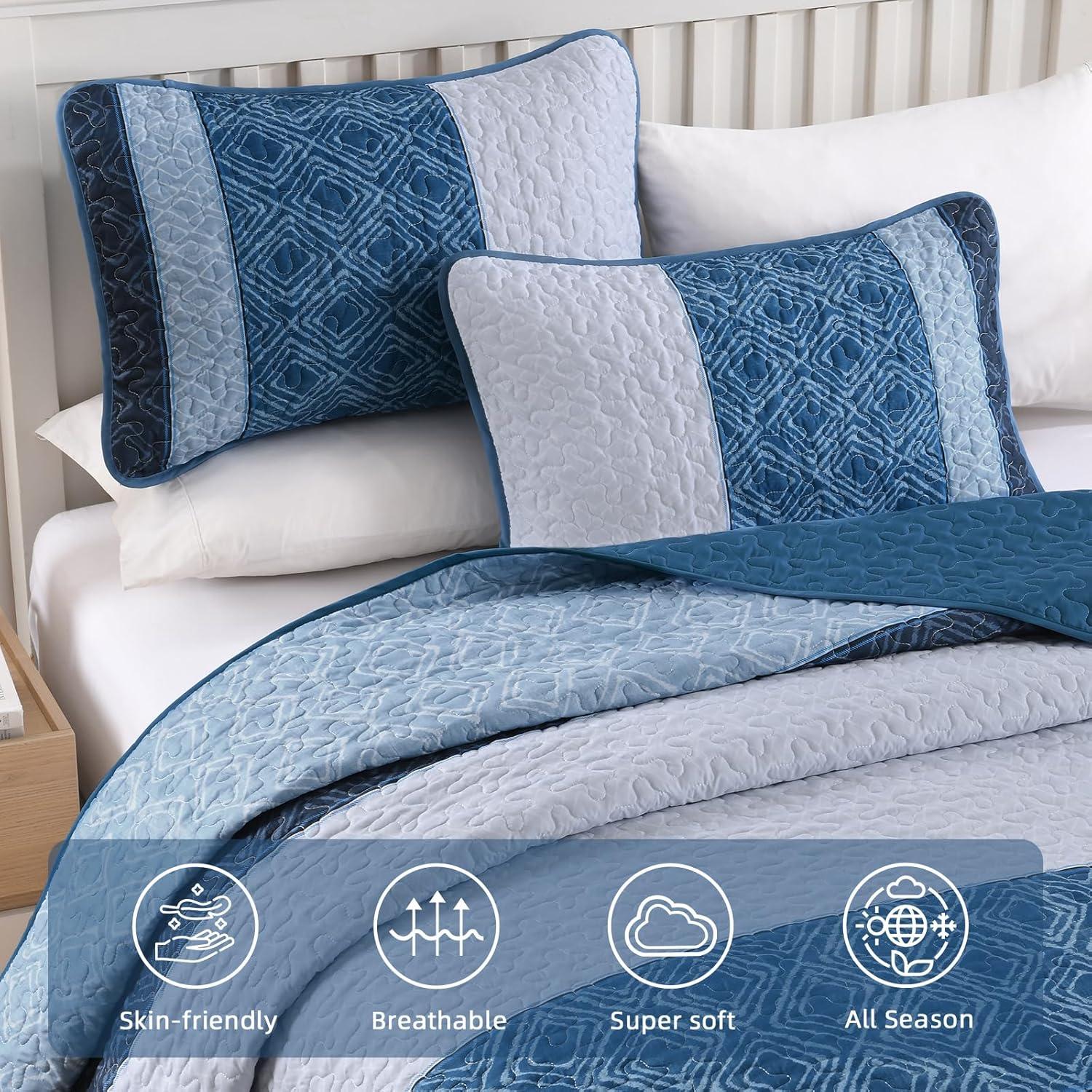 imageCottolester Queen Quilt Set 3 PiecesGray and Blue Striped Quilt SetBoho Farmhouse Bedspread Soft Microfiber Bedding Set for All Season 96quotx90quotNavy Blue
