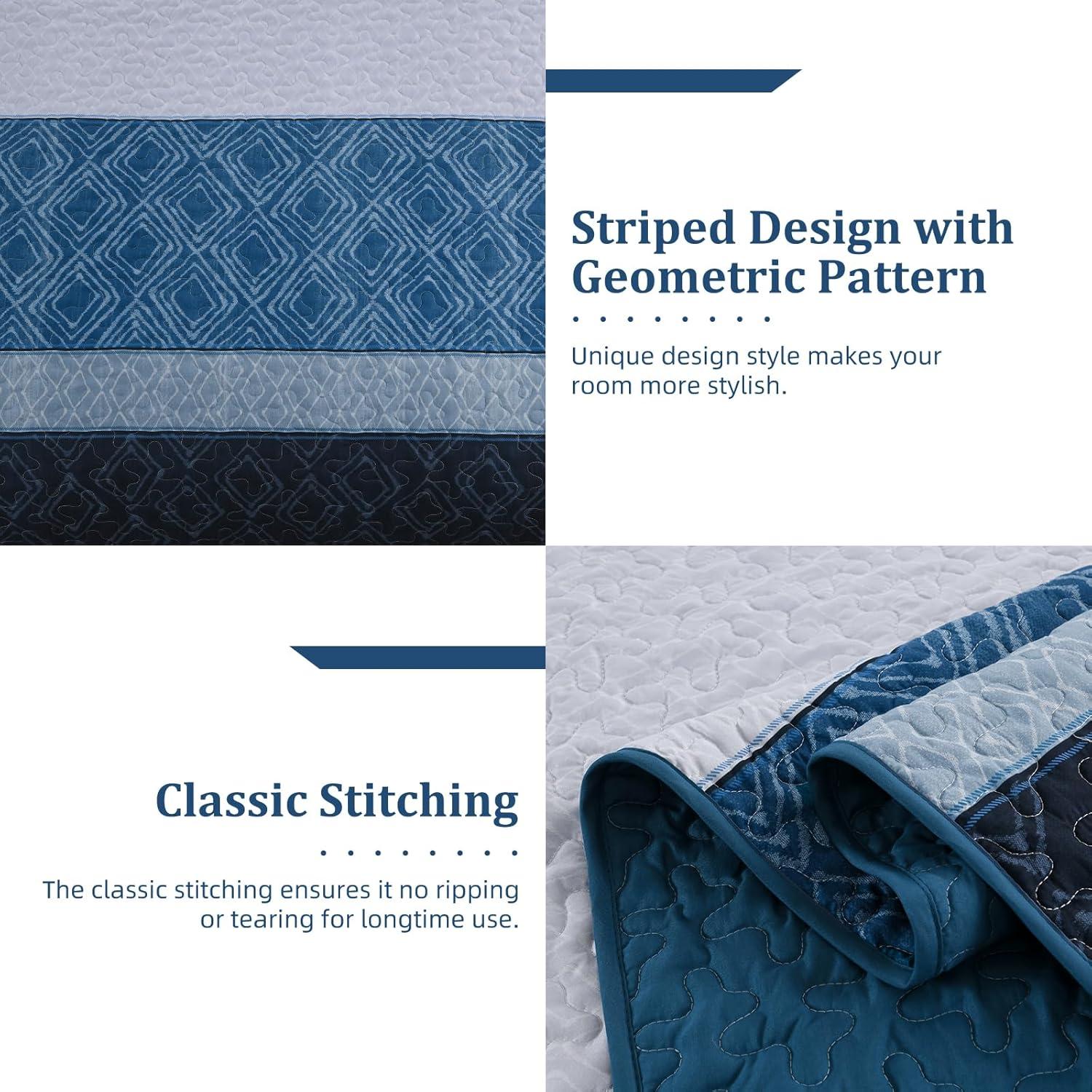 imageCottolester Queen Quilt Set 3 PiecesGray and Blue Striped Quilt SetBoho Farmhouse Bedspread Soft Microfiber Bedding Set for All Season 96quotx90quotNavy Blue