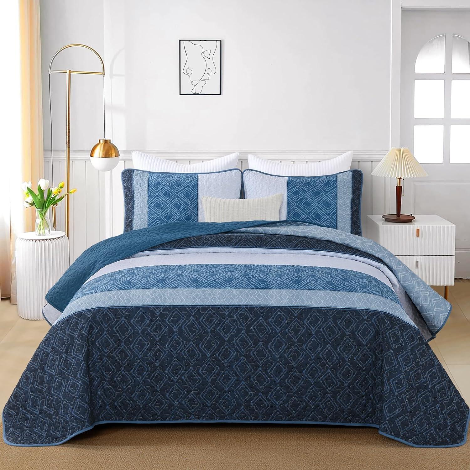 imageCottolester Queen Quilt Set 3 PiecesGray and Blue Striped Quilt SetBoho Farmhouse Bedspread Soft Microfiber Bedding Set for All Season 96quotx90quotNavy Blue
