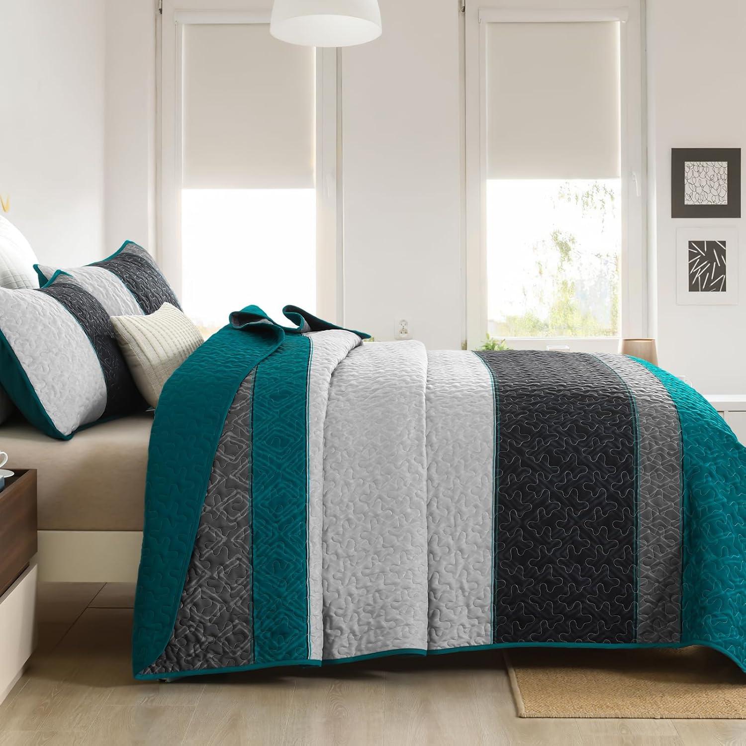 imageCottolester Queen Quilt Set 3 PiecesGray and Blue Striped Quilt SetBoho Farmhouse Bedspread Soft Microfiber Bedding Set for All Season 96quotx90quotPeacock Blue
