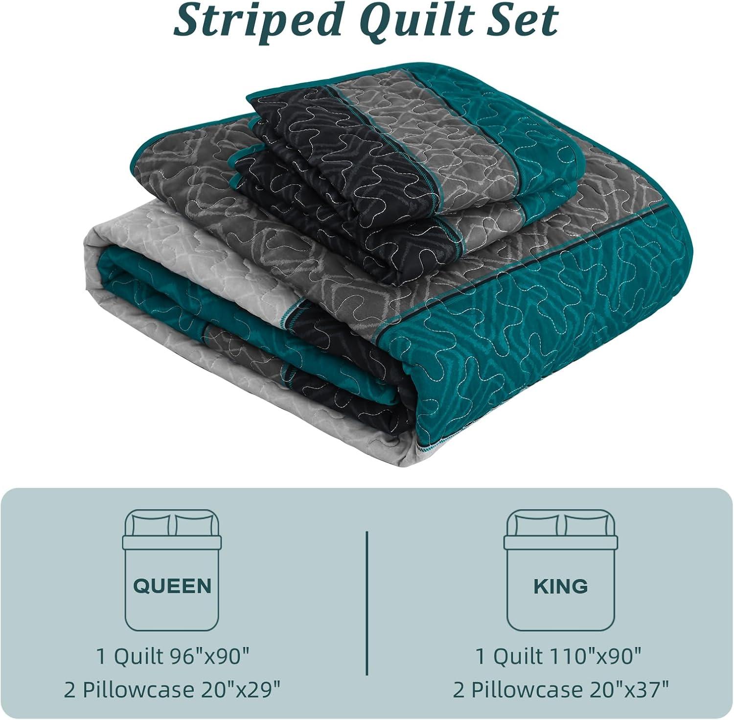 imageCottolester Queen Quilt Set 3 PiecesGray and Blue Striped Quilt SetBoho Farmhouse Bedspread Soft Microfiber Bedding Set for All Season 96quotx90quotPeacock Blue