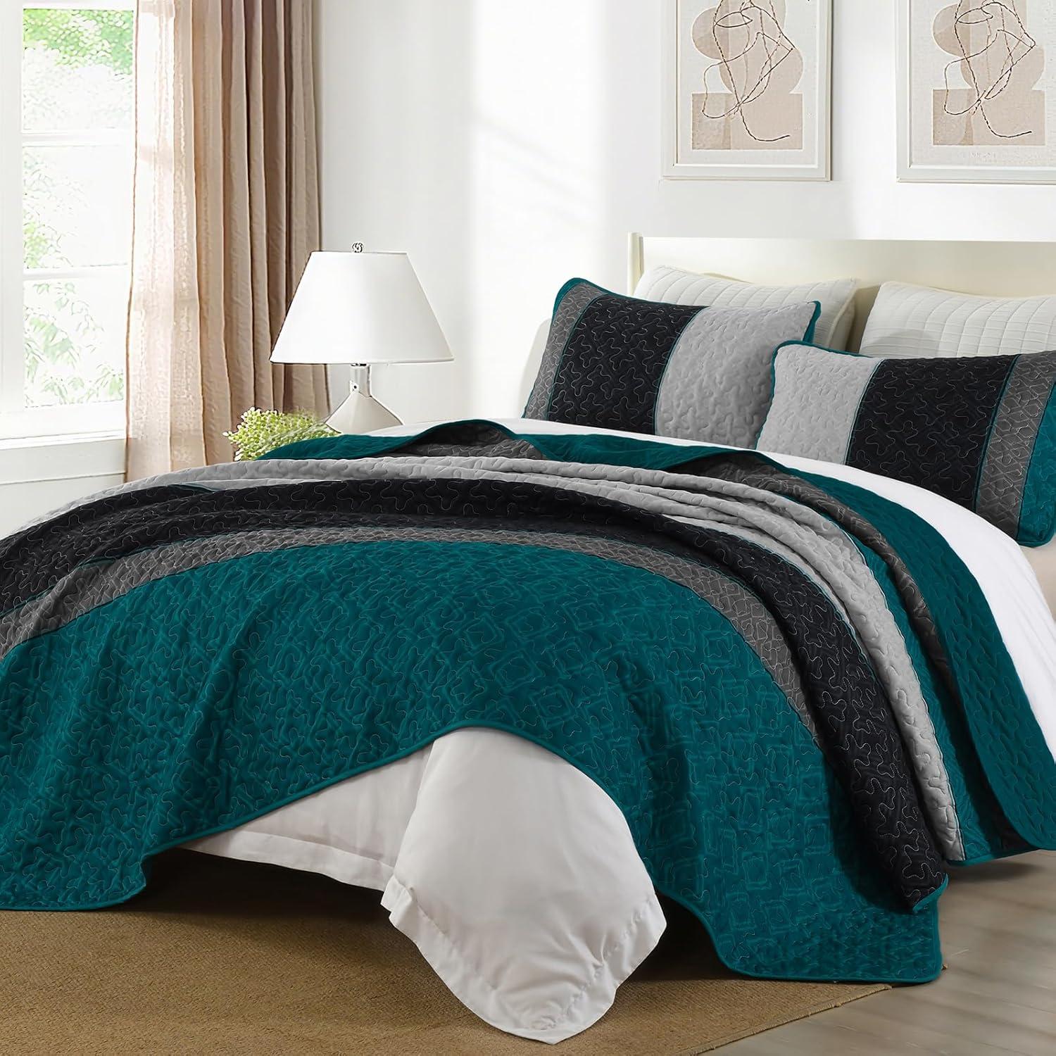 imageCottolester Queen Quilt Set 3 PiecesGray and Blue Striped Quilt SetBoho Farmhouse Bedspread Soft Microfiber Bedding Set for All Season 96quotx90quotPeacock Blue