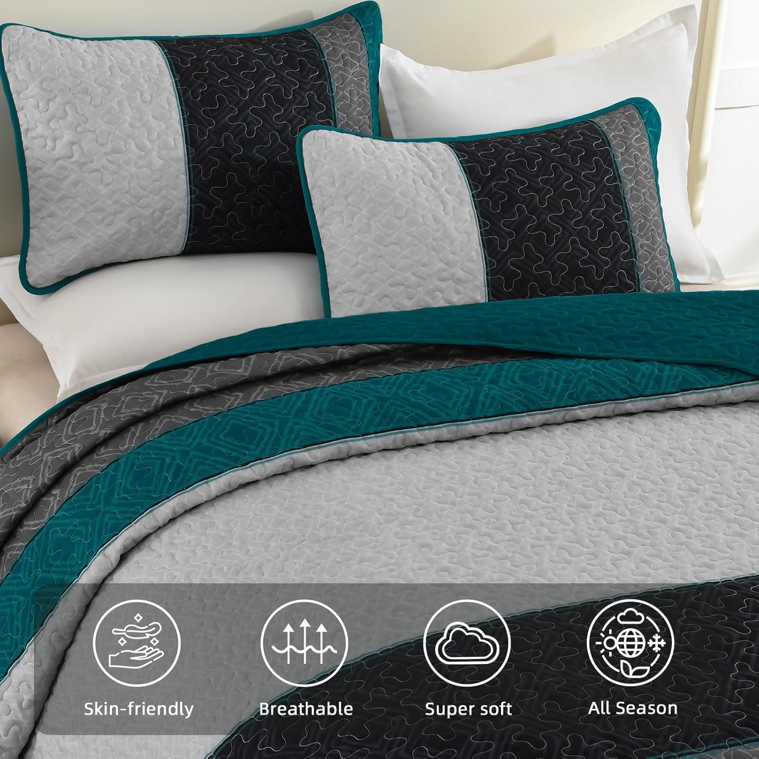 imageCottolester Queen Quilt Set 3 PiecesGray and Blue Striped Quilt SetBoho Farmhouse Bedspread Soft Microfiber Bedding Set for All Season 96quotx90quotPeacock Blue