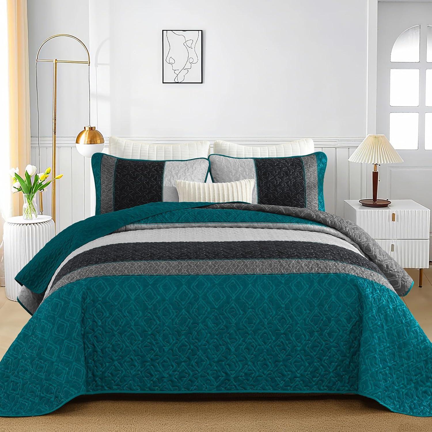 imageCottolester Queen Quilt Set 3 PiecesGray and Blue Striped Quilt SetBoho Farmhouse Bedspread Soft Microfiber Bedding Set for All Season 96quotx90quotPeacock Blue