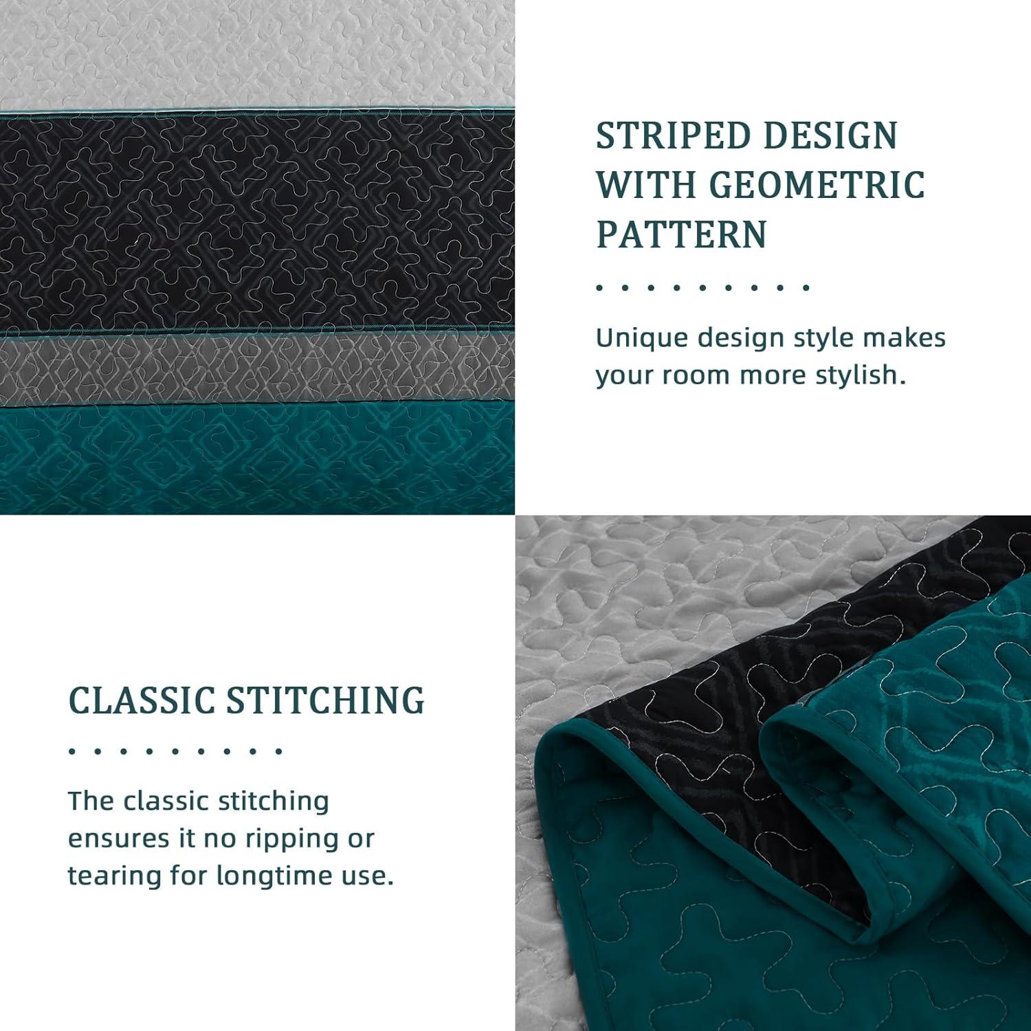imageCottolester Queen Quilt Set 3 PiecesGray and Blue Striped Quilt SetBoho Farmhouse Bedspread Soft Microfiber Bedding Set for All Season 96quotx90quotPeacock Blue