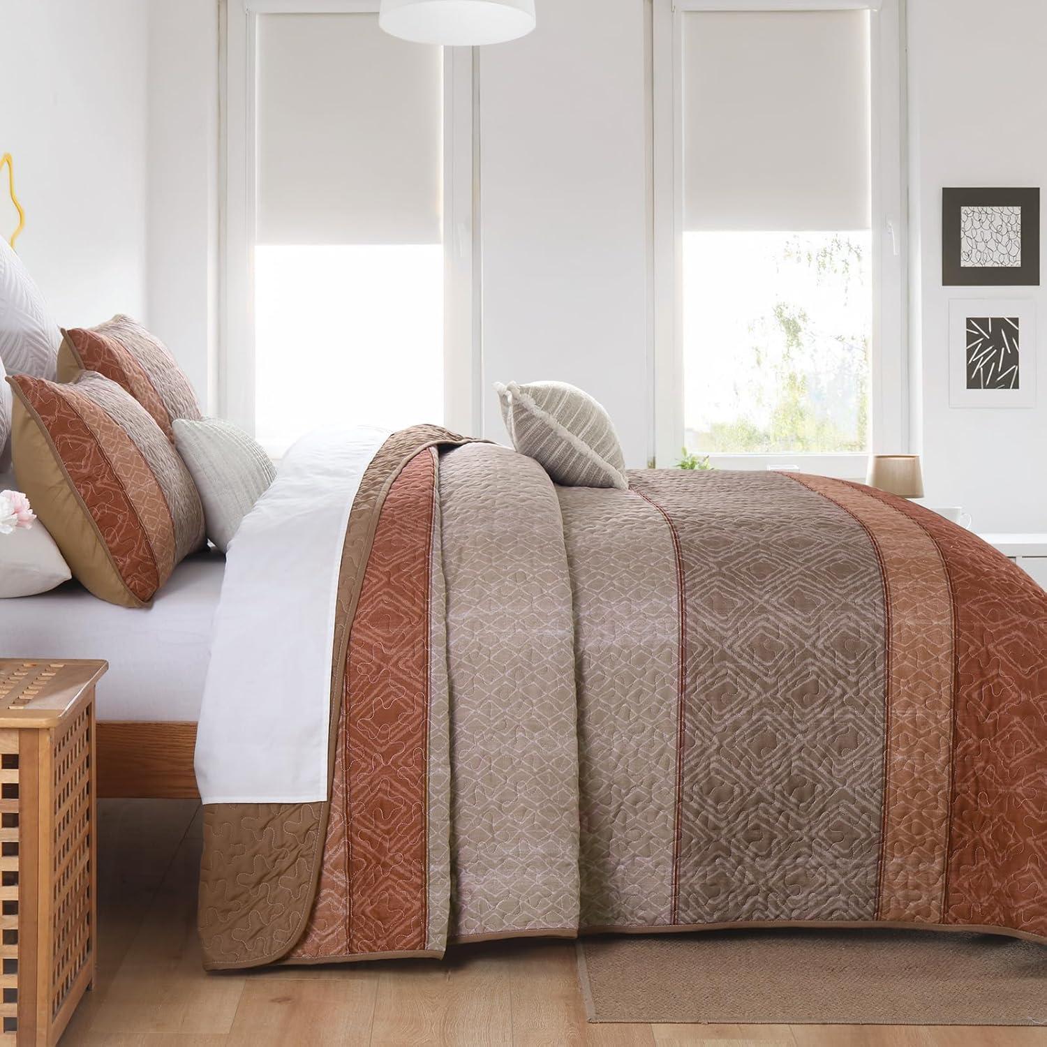 imageCottolester Queen Quilt Set 3 PiecesGray and Blue Striped Quilt SetBoho Farmhouse Bedspread Soft Microfiber Bedding Set for All Season 96quotx90quotRed Orange