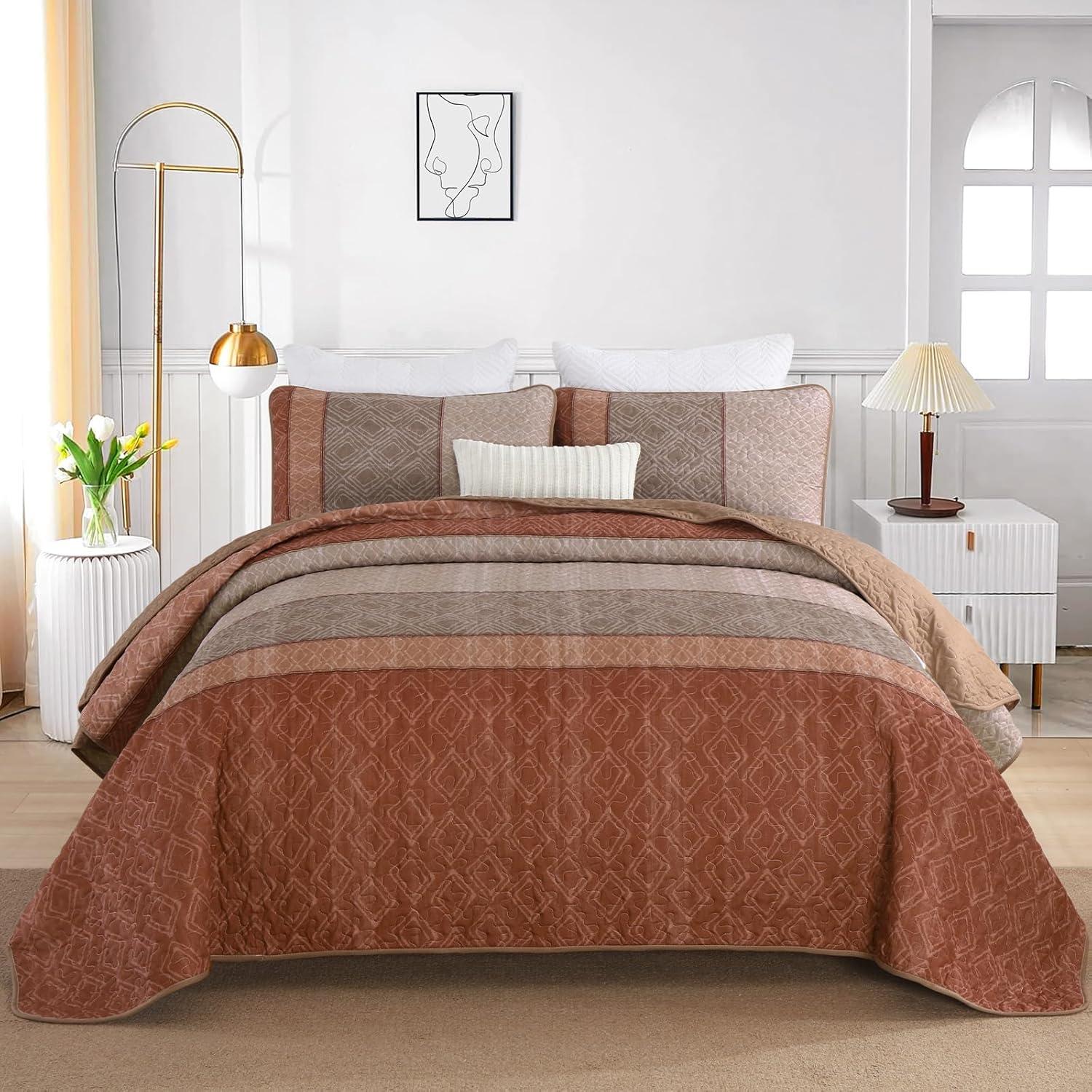 imageCottolester Queen Quilt Set 3 PiecesGray and Blue Striped Quilt SetBoho Farmhouse Bedspread Soft Microfiber Bedding Set for All Season 96quotx90quotRed Orange