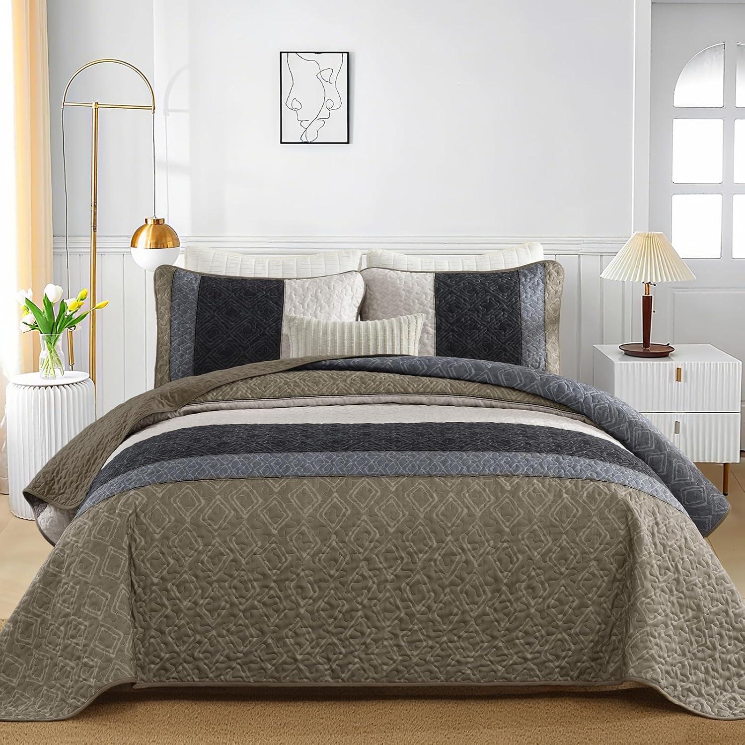 imageCottolester Queen Quilt Set 3 PiecesGray and Blue Striped Quilt SetBoho Farmhouse Bedspread Soft Microfiber Bedding Set for All Season 96quotx90quotTaupe