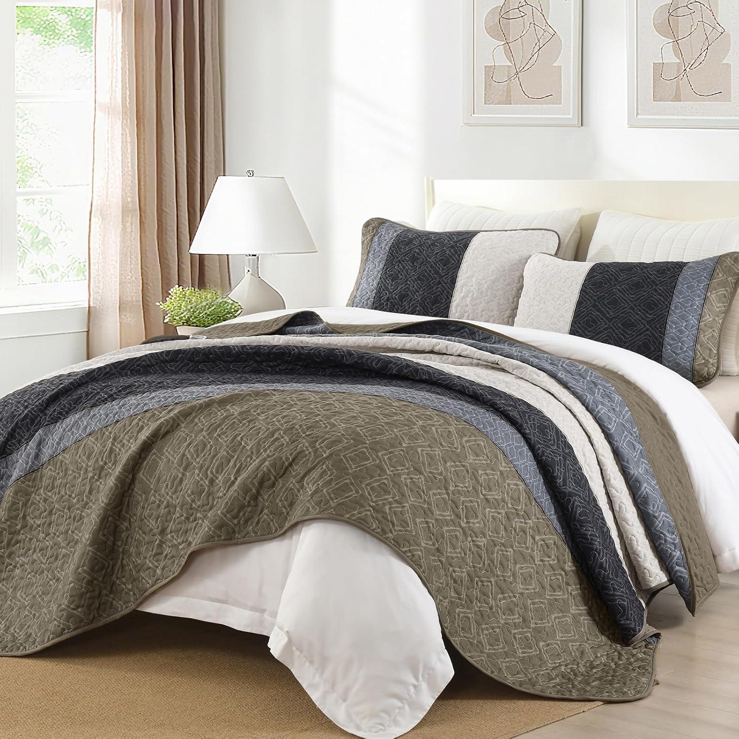 imageCottolester Queen Quilt Set 3 PiecesGray and Blue Striped Quilt SetBoho Farmhouse Bedspread Soft Microfiber Bedding Set for All Season 96quotx90quotTaupe
