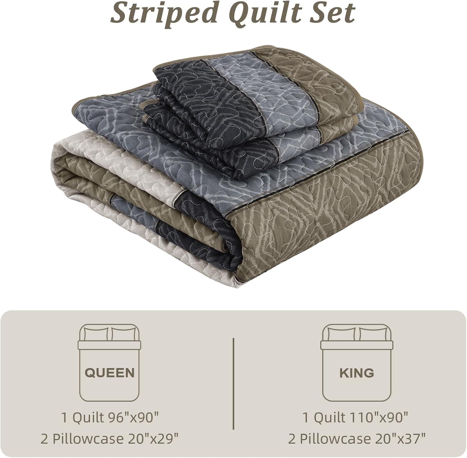 imageCottolester Queen Quilt Set 3 PiecesGray and Blue Striped Quilt SetBoho Farmhouse Bedspread Soft Microfiber Bedding Set for All Season 96quotx90quotTaupe