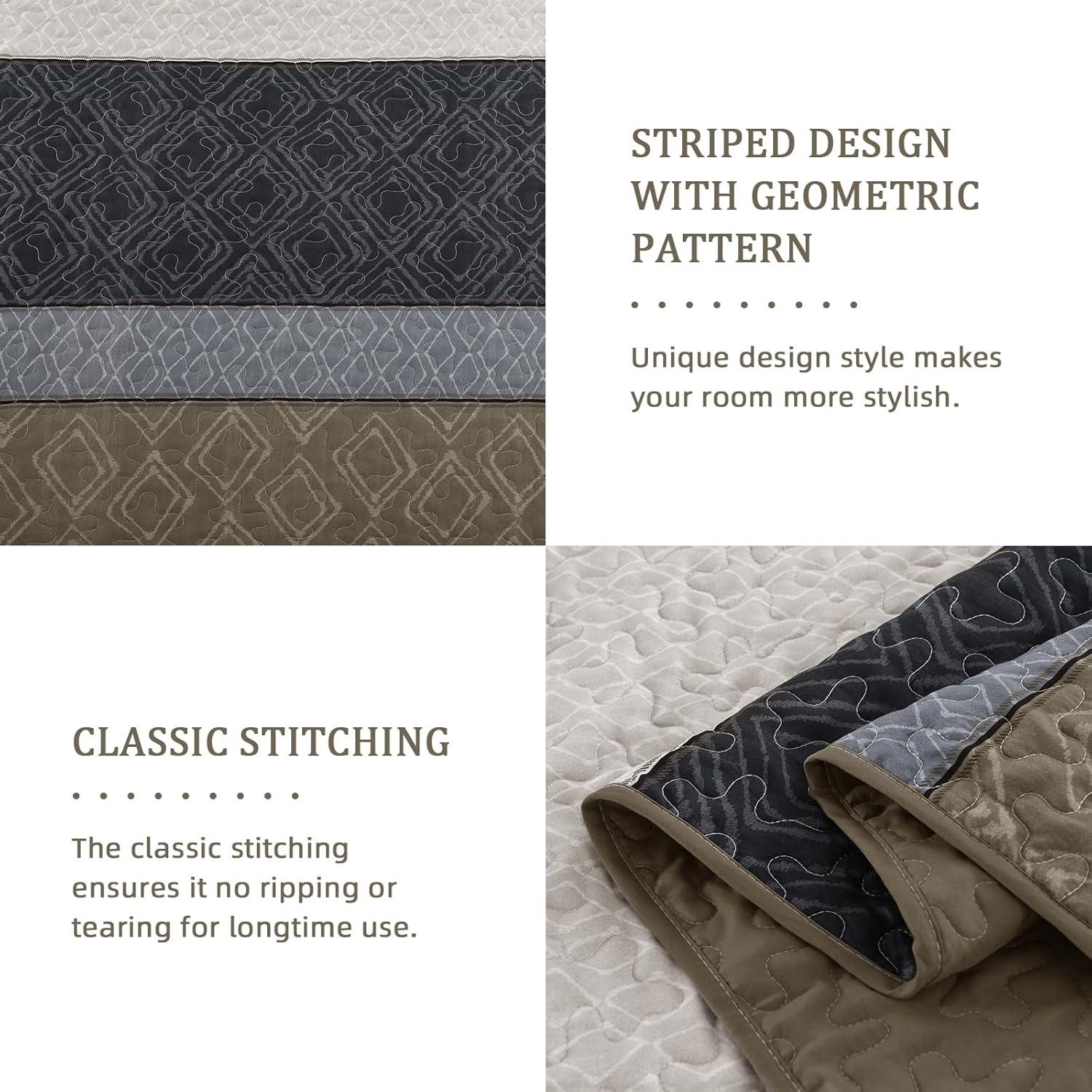 imageCottolester Queen Quilt Set 3 PiecesGray and Blue Striped Quilt SetBoho Farmhouse Bedspread Soft Microfiber Bedding Set for All Season 96quotx90quotTaupe