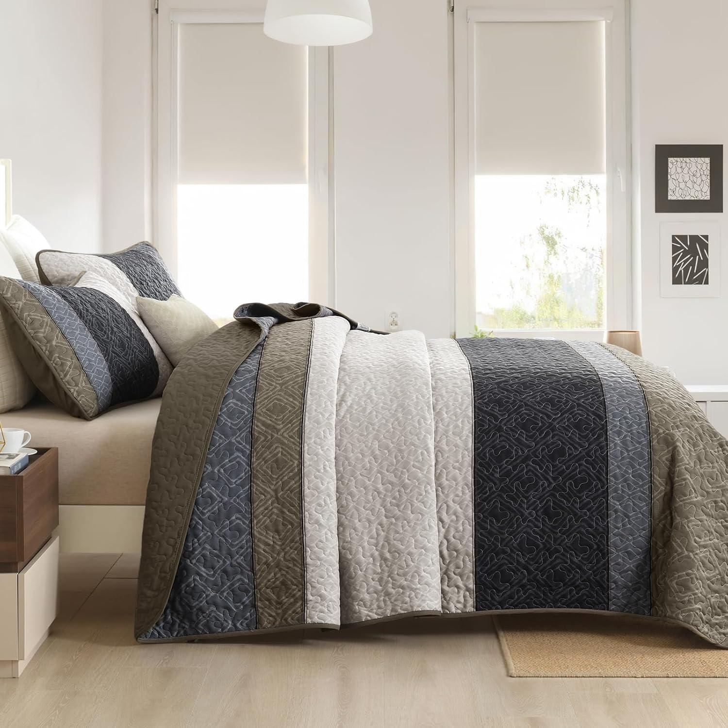 imageCottolester Queen Quilt Set 3 PiecesGray and Blue Striped Quilt SetBoho Farmhouse Bedspread Soft Microfiber Bedding Set for All Season 96quotx90quotTaupe